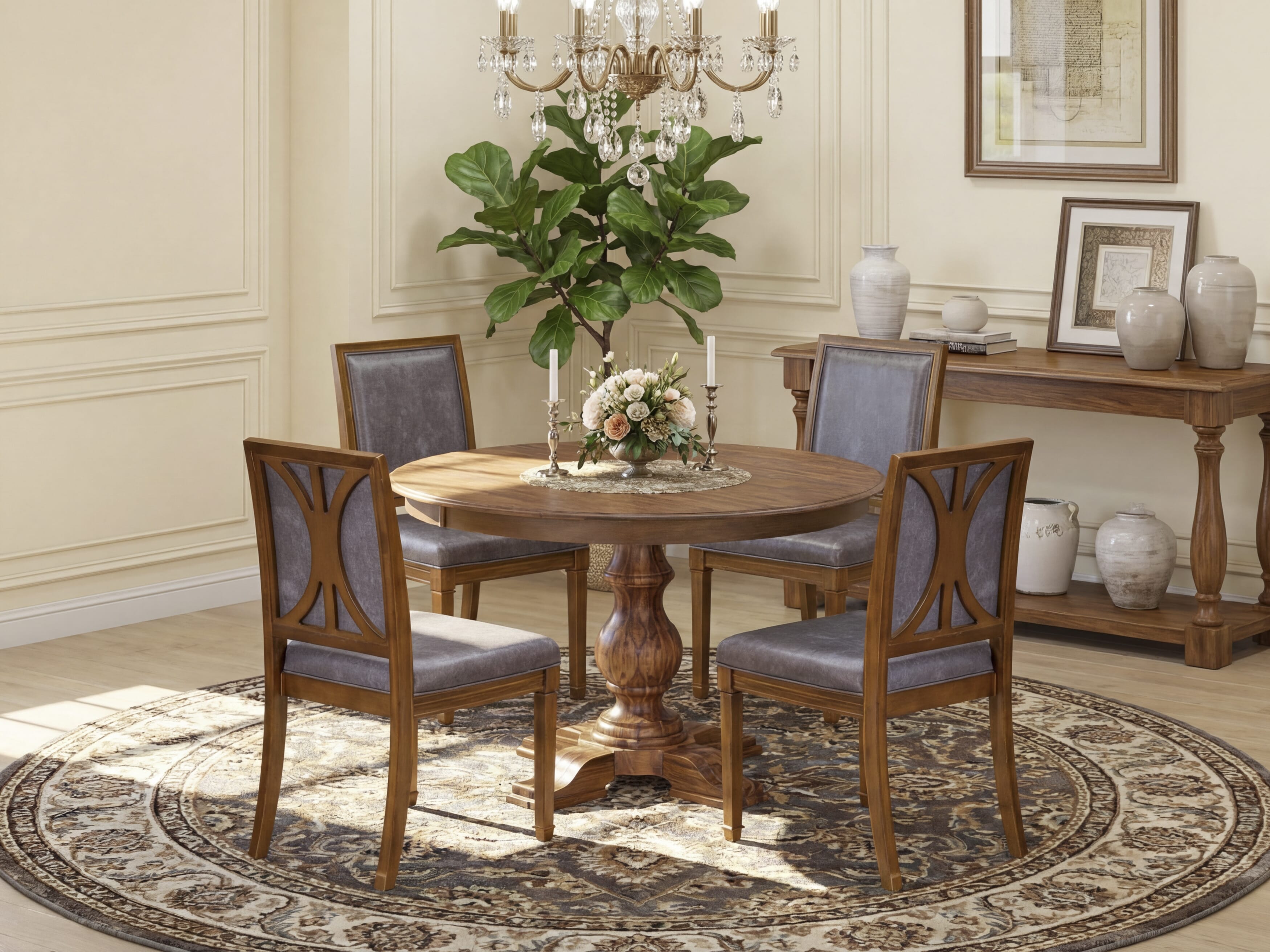 Luxe by East West Furniture F5AM5-40N-34 5-Piece Dining Set includes a round table top with a stylish pedestal and 4 Pu leather Dark Gray Parson chairs with high backs - Antique Walnut