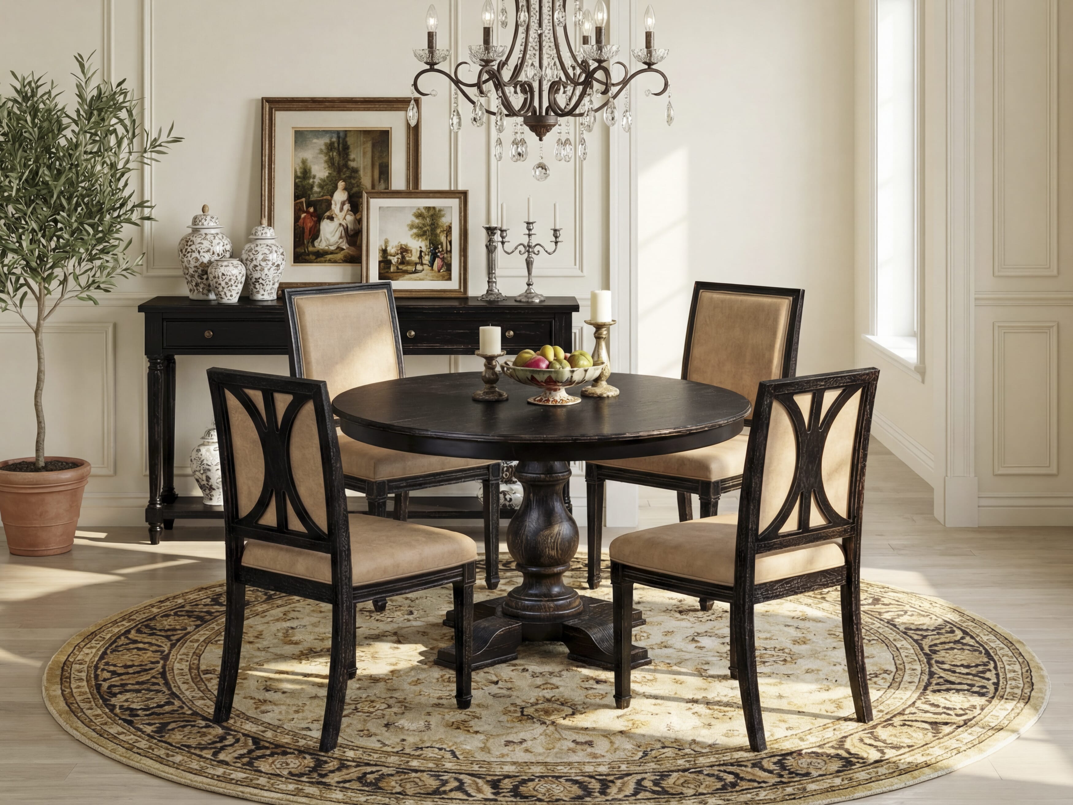 Luxe by East West Furniture - F5AM5-411-28 - 5-piece Dining Table Set consists of a Dining Table and 4 Beige Polyester Fabric Dining Chairs with High Back - Sand Blasting Black Finish