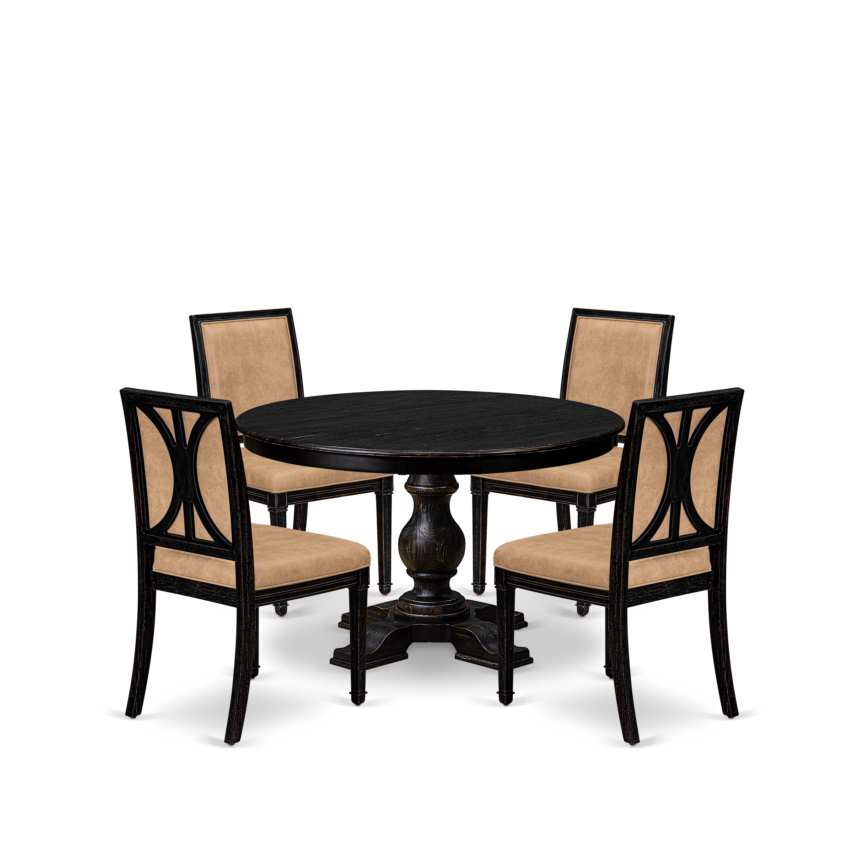 Luxe by East West Furniture - F5AM5-411-28 - 5-piece Dining Table Set consists of a Dining Table and 4 Beige Polyester Fabric Dining Chairs with High Back - Sand Blasting Black Finish