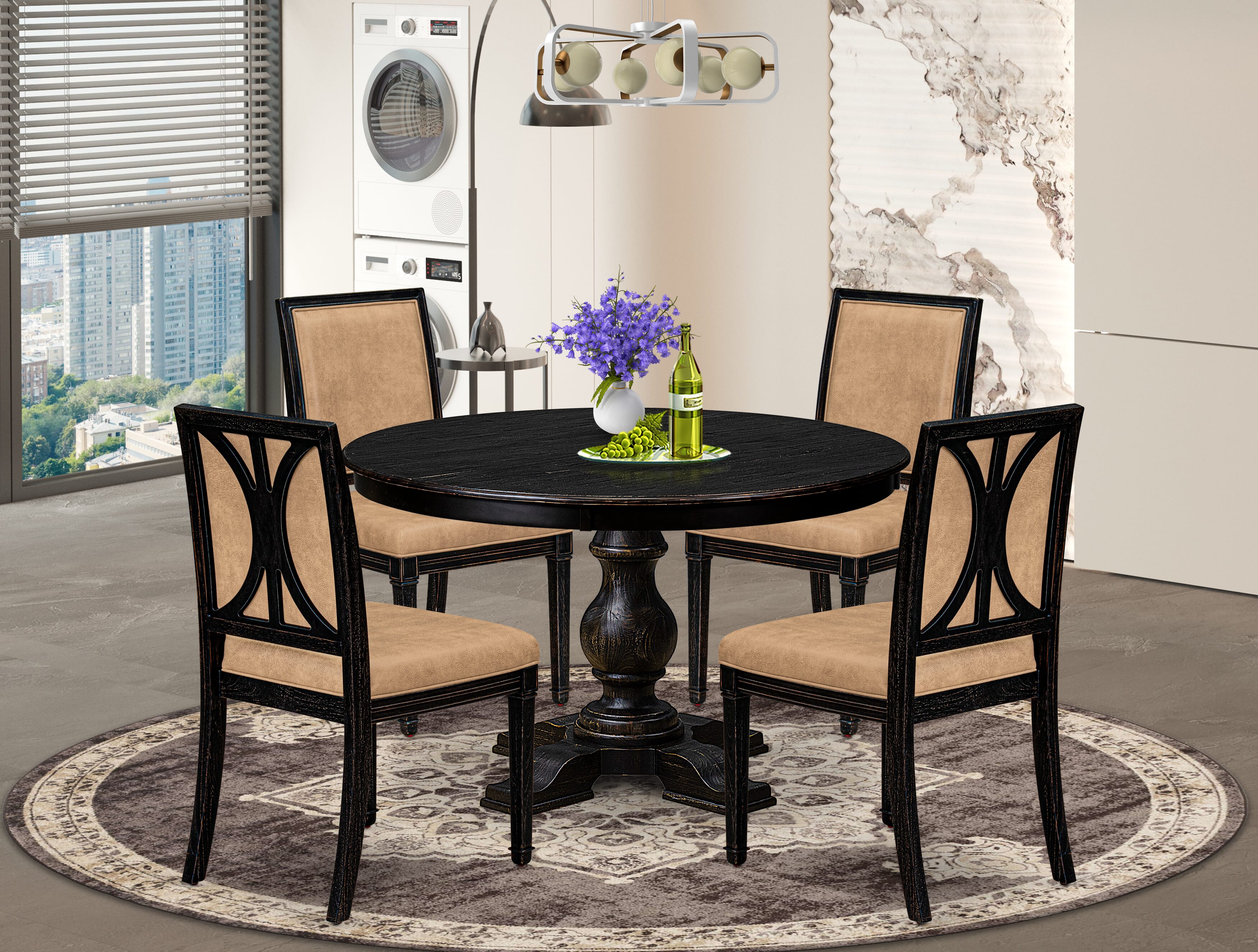 Luxe by East West Furniture - F5AM5-411-28 - 5-piece Dining Table Set consists of a Dining Table and 4 Beige Polyester Fabric Dining Chairs with High Back - Sand Blasting Black Finish
