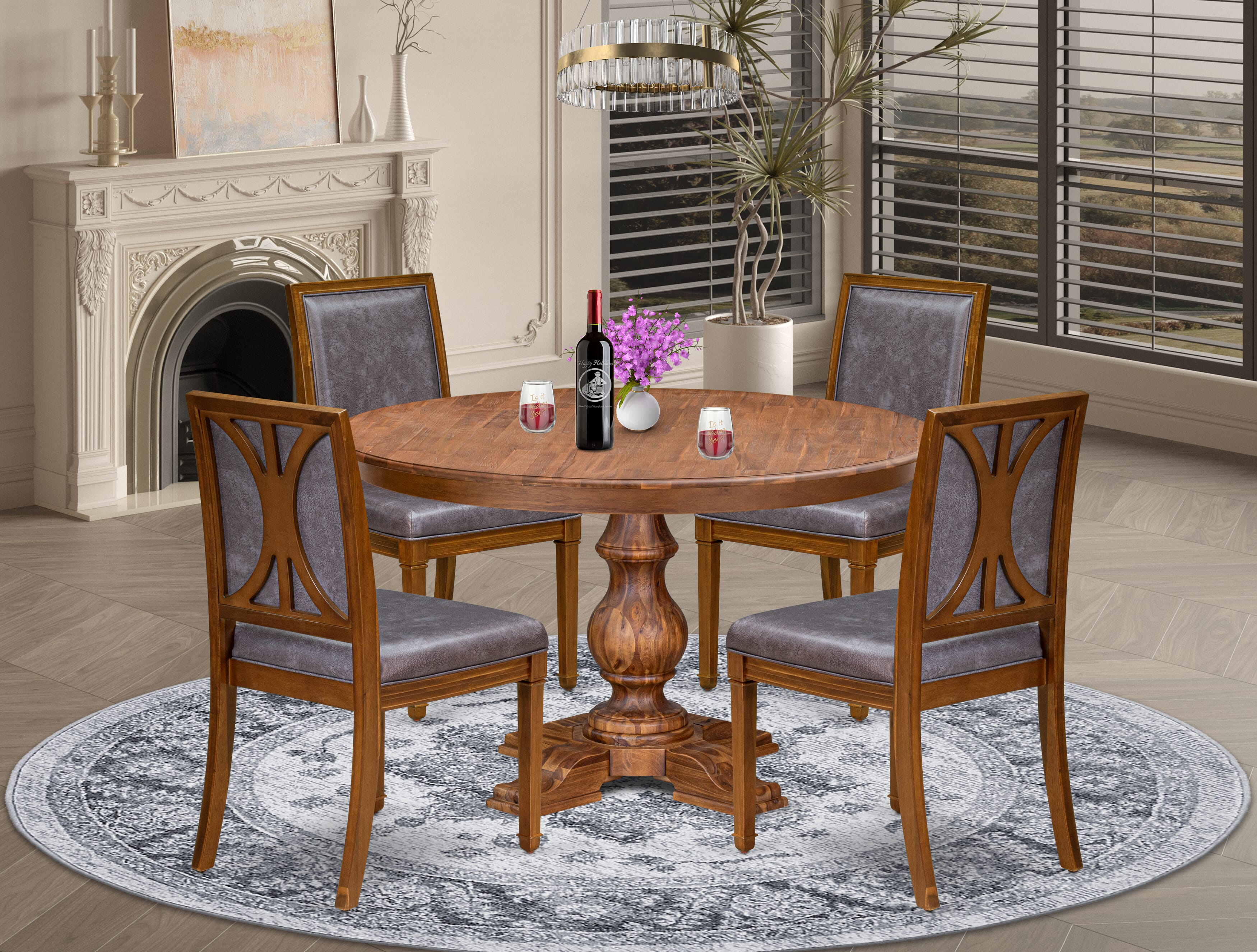Luxe by East West Furniture - F5AM5-50N-34 - 5-piece Kitchen Table Set consists of a Dining Table and 4 Dark Grey Polyester Fabric Kitchen Chairs with High Back - Antique Walnut Finish
