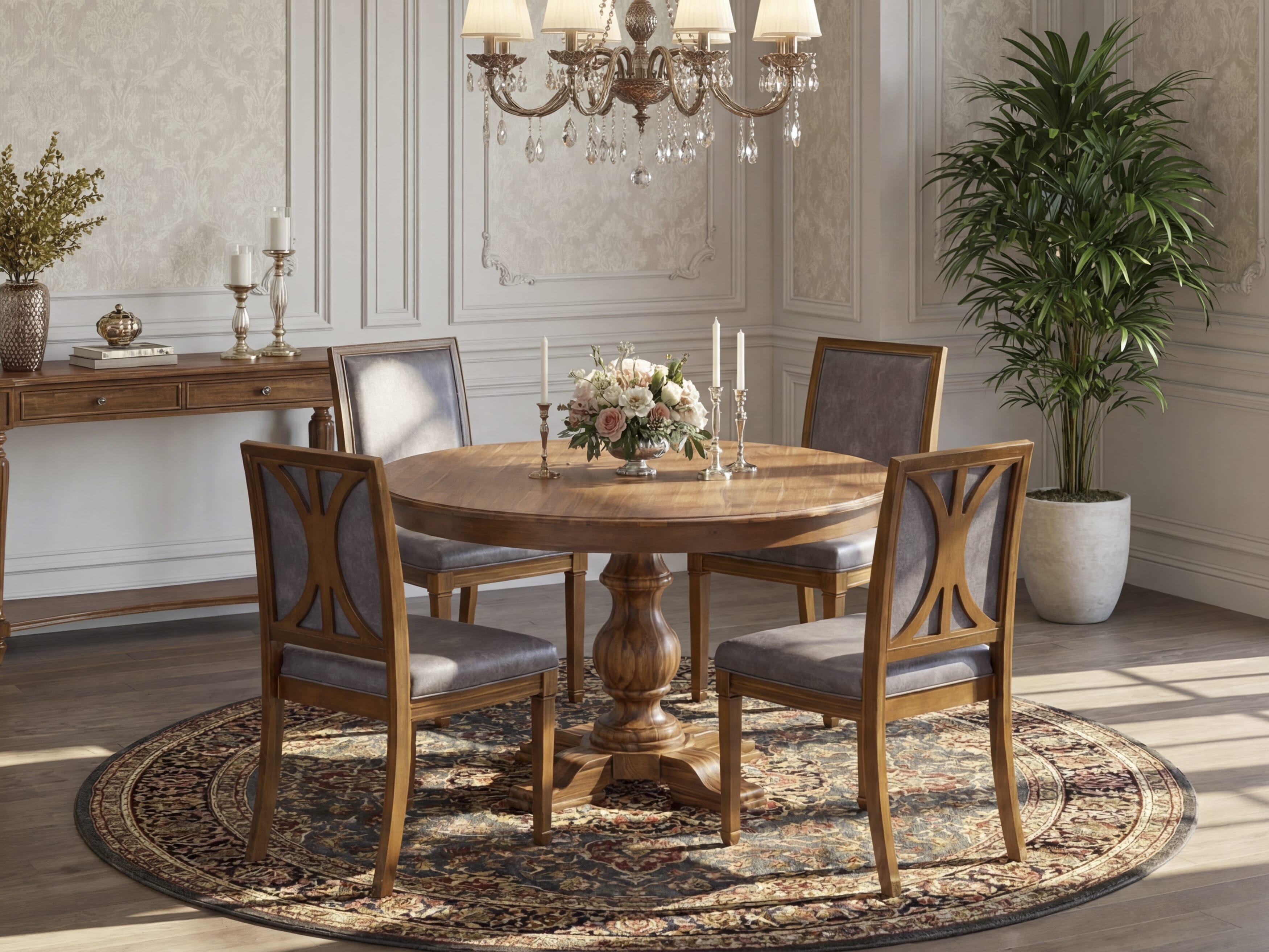 Luxe by East West Furniture - F5AM5-50N-34 - 5-piece Kitchen Table Set consists of a Dining Table and 4 Dark Grey Polyester Fabric Kitchen Chairs with High Back - Antique Walnut Finish