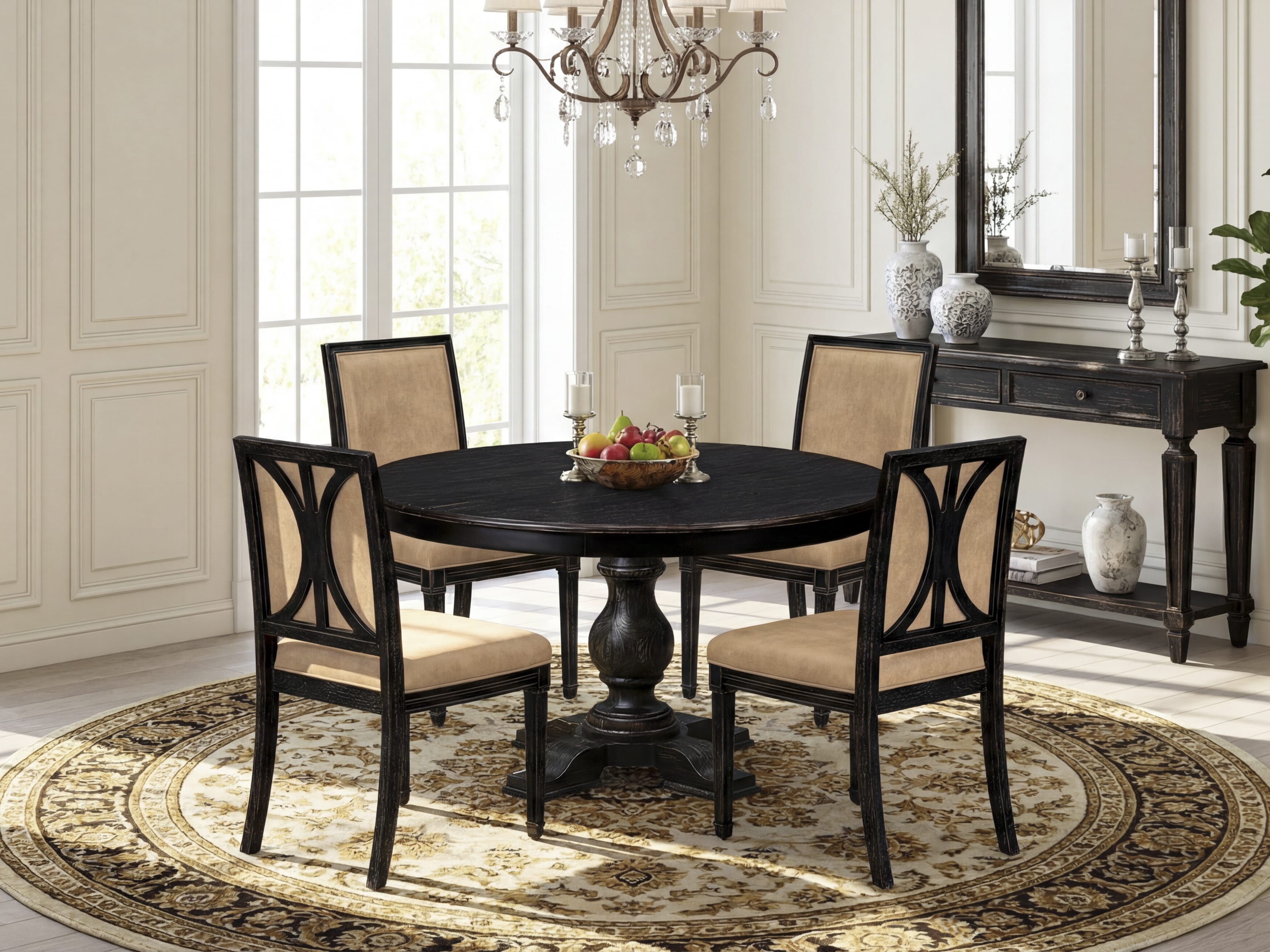 Luxe by East West Furniture - F5AM5-511-28 - 5-piece Kitchen Table Set consists of a Dining Table and 4 Beige Polyester Fabric Dining Room Chairs with High Back - Sand Blasting Black Finish