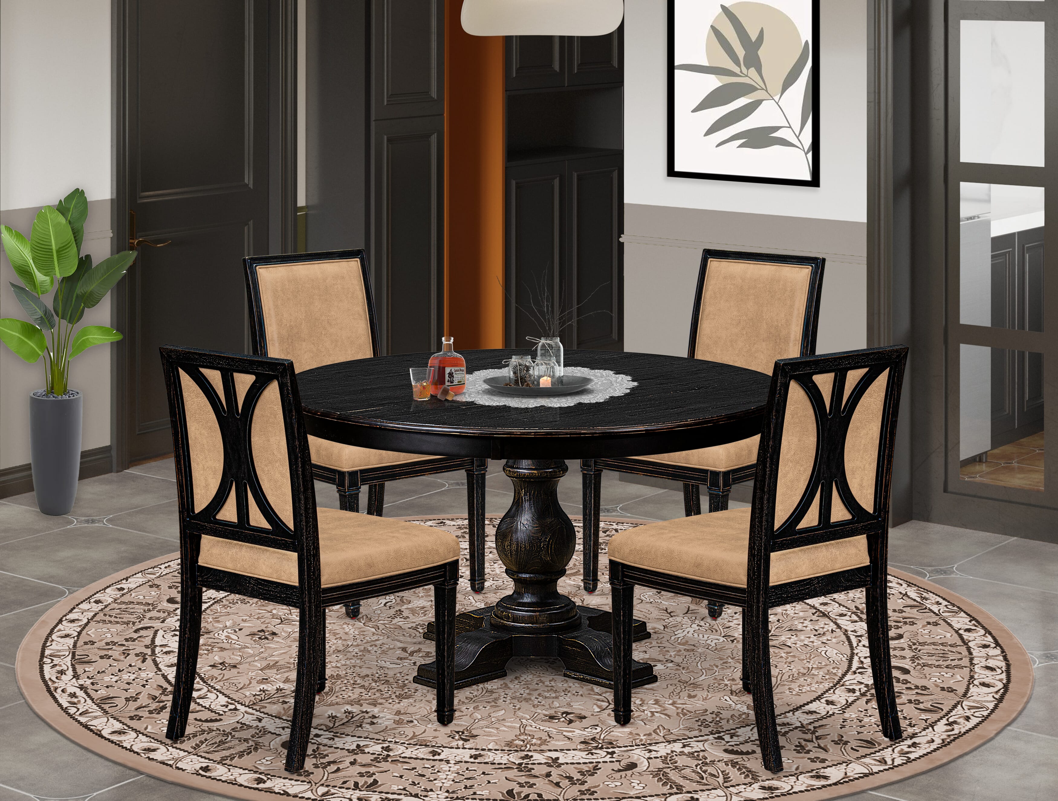 Luxe by East West Furniture - F5AM5-511-28 - 5-piece Kitchen Table Set consists of a Dining Table and 4 Beige Polyester Fabric Dining Room Chairs with High Back - Sand Blasting Black Finish