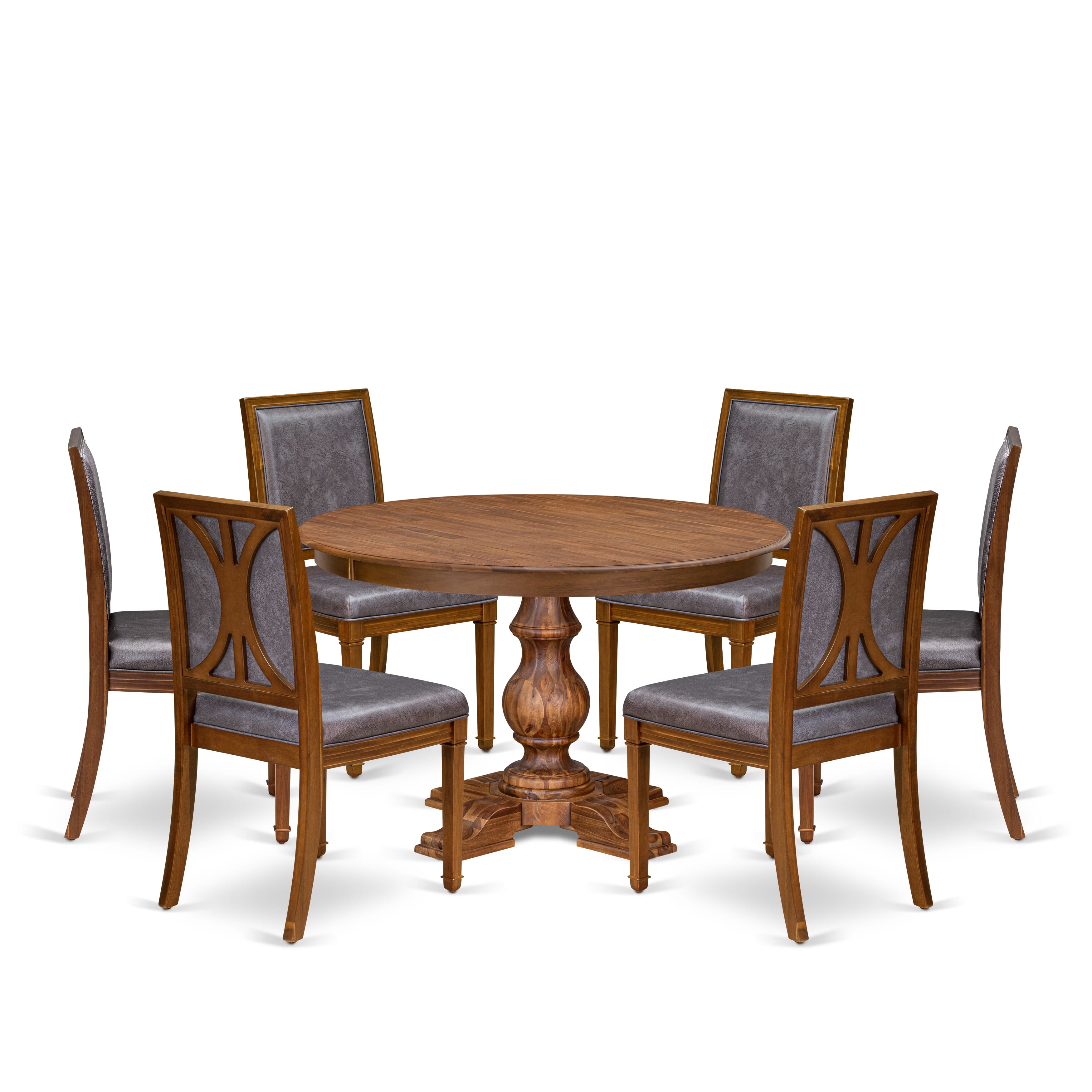 Luxe by East West Furniture - F5AM7-40N-34 7-Piece Dining table set consists of a Round Kitchen table and 6 Dark Grey Faux Leather Chairs with High Back and Antique Walnut Finish.