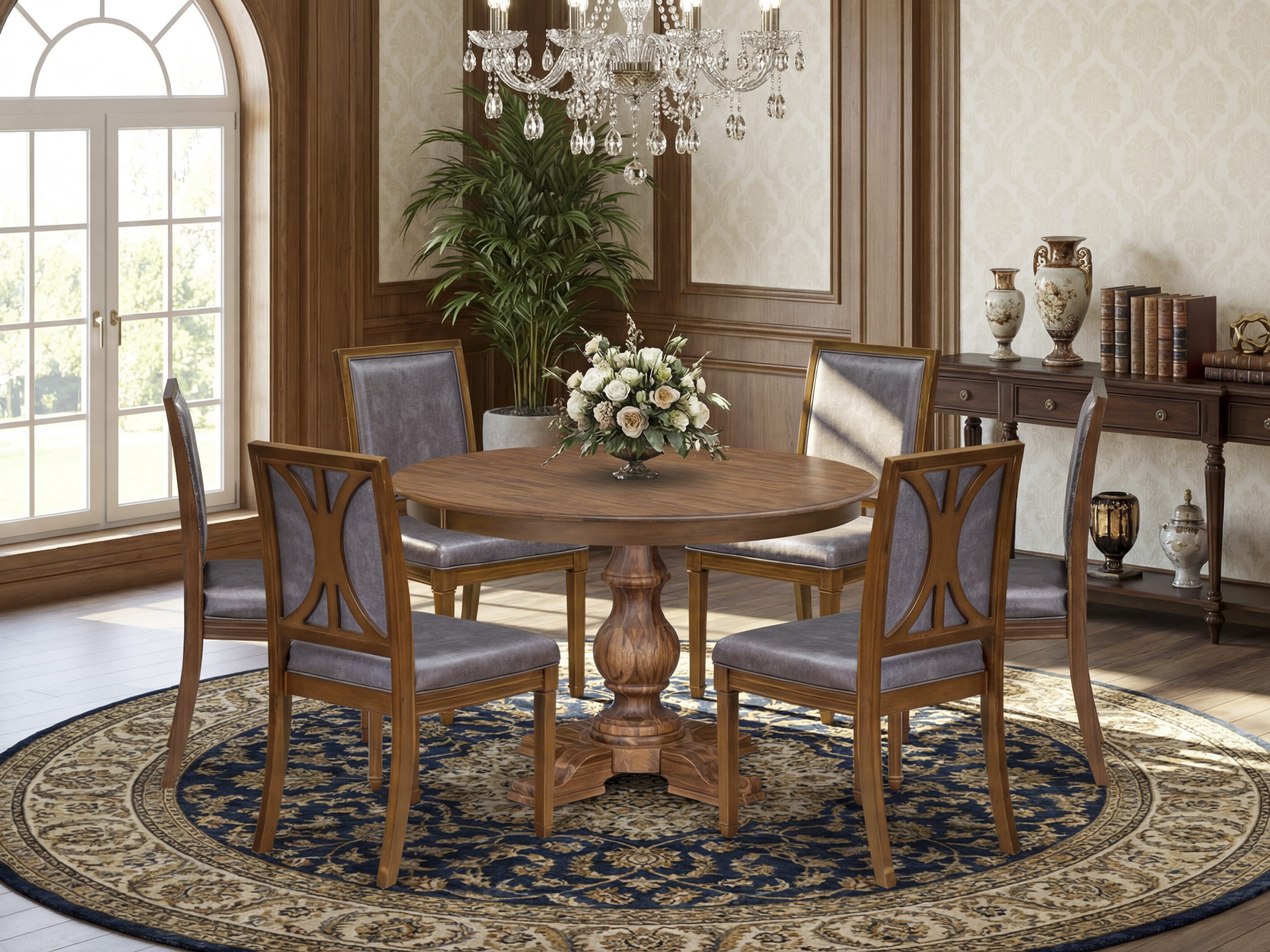 Luxe by East West Furniture - F5AM7-40N-34 7-Piece Dining table set consists of a Round Kitchen table and 6 Dark Grey Faux Leather Chairs with High Back and Antique Walnut Finish.