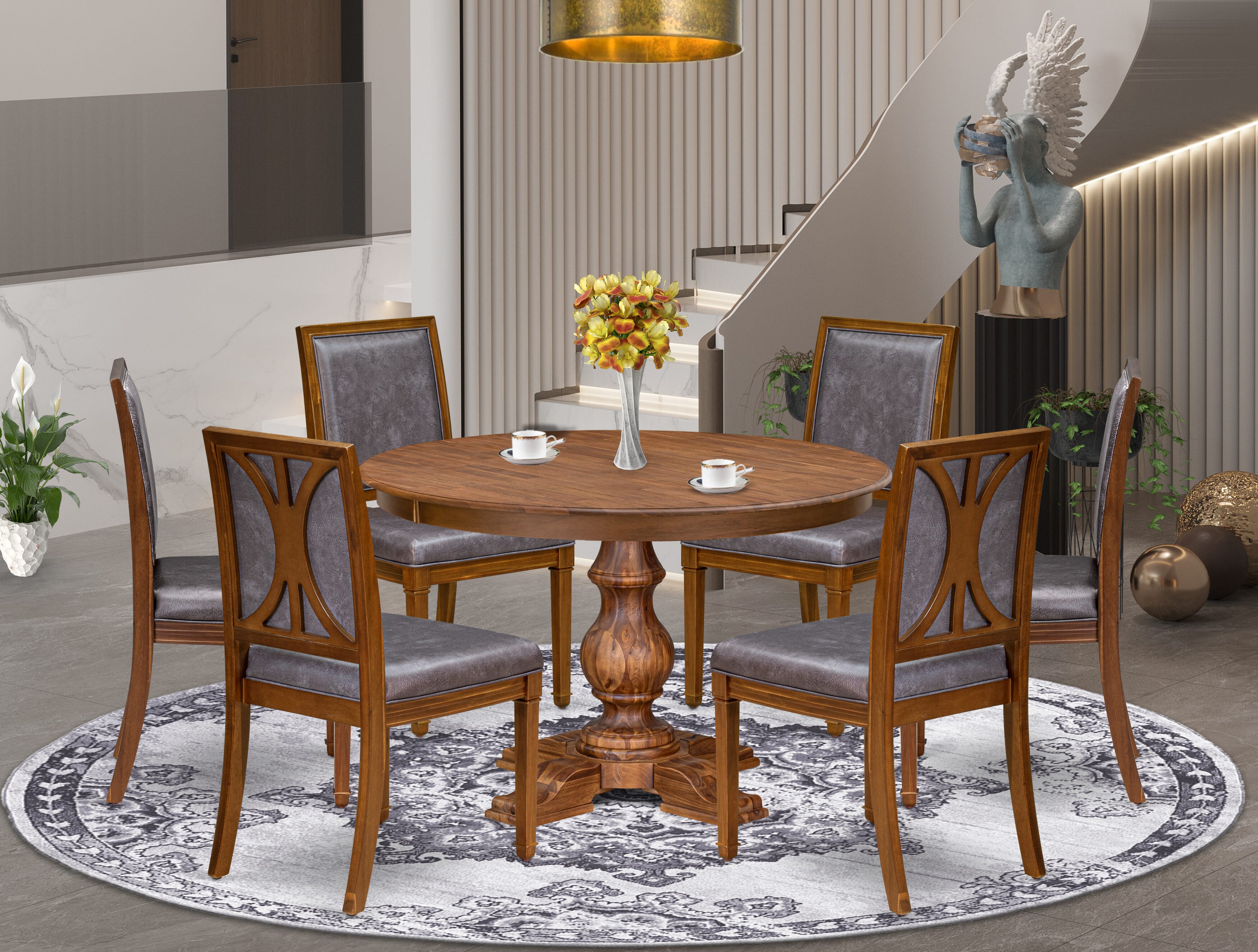 Luxe by East West Furniture - F5AM7-40N-34 7-Piece Dining table set consists of a Round Kitchen table and 6 Dark Grey Faux Leather Chairs with High Back and Antique Walnut Finish.