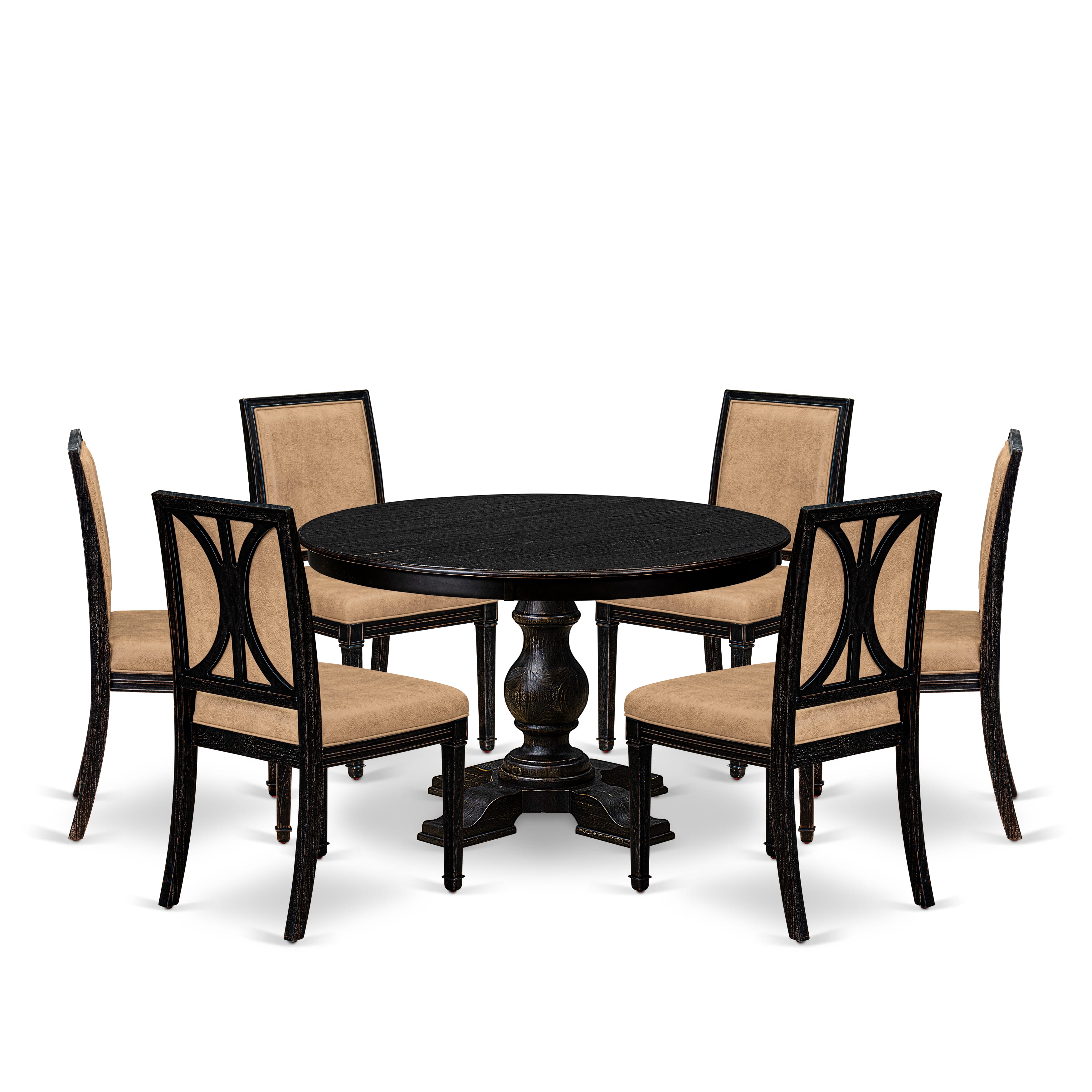 Luxe by East West Furniture - F5AM7-411-28 - 7-piece Dining Room Table Set consists of a Dining Table and 6 Beige Polyester Fabric Dining Chairs with High Back - Sand Blasting Black Finish