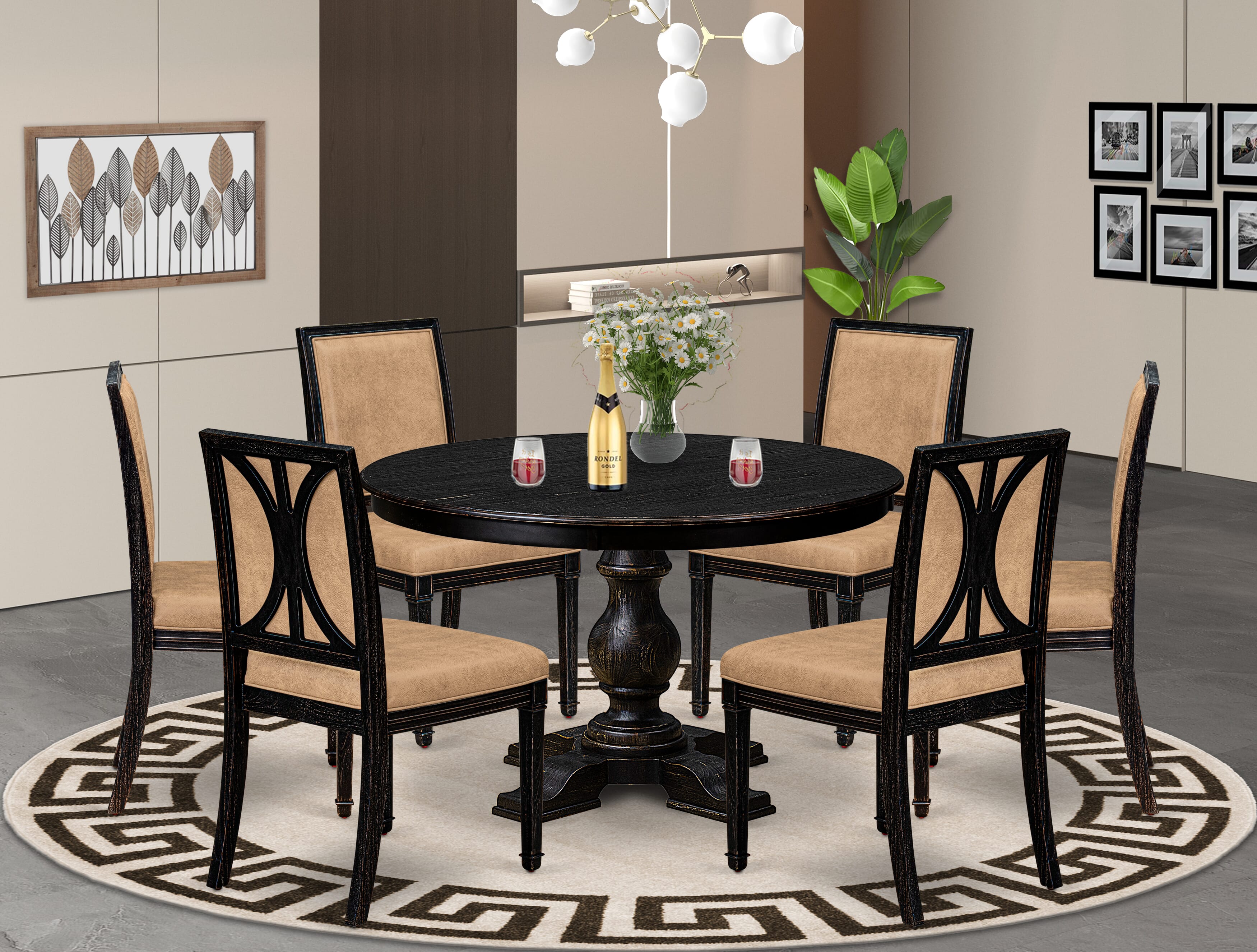Luxe by East West Furniture - F5AM7-411-28 - 7-piece Dining Room Table Set consists of a Dining Table and 6 Beige Polyester Fabric Dining Chairs with High Back - Sand Blasting Black Finish