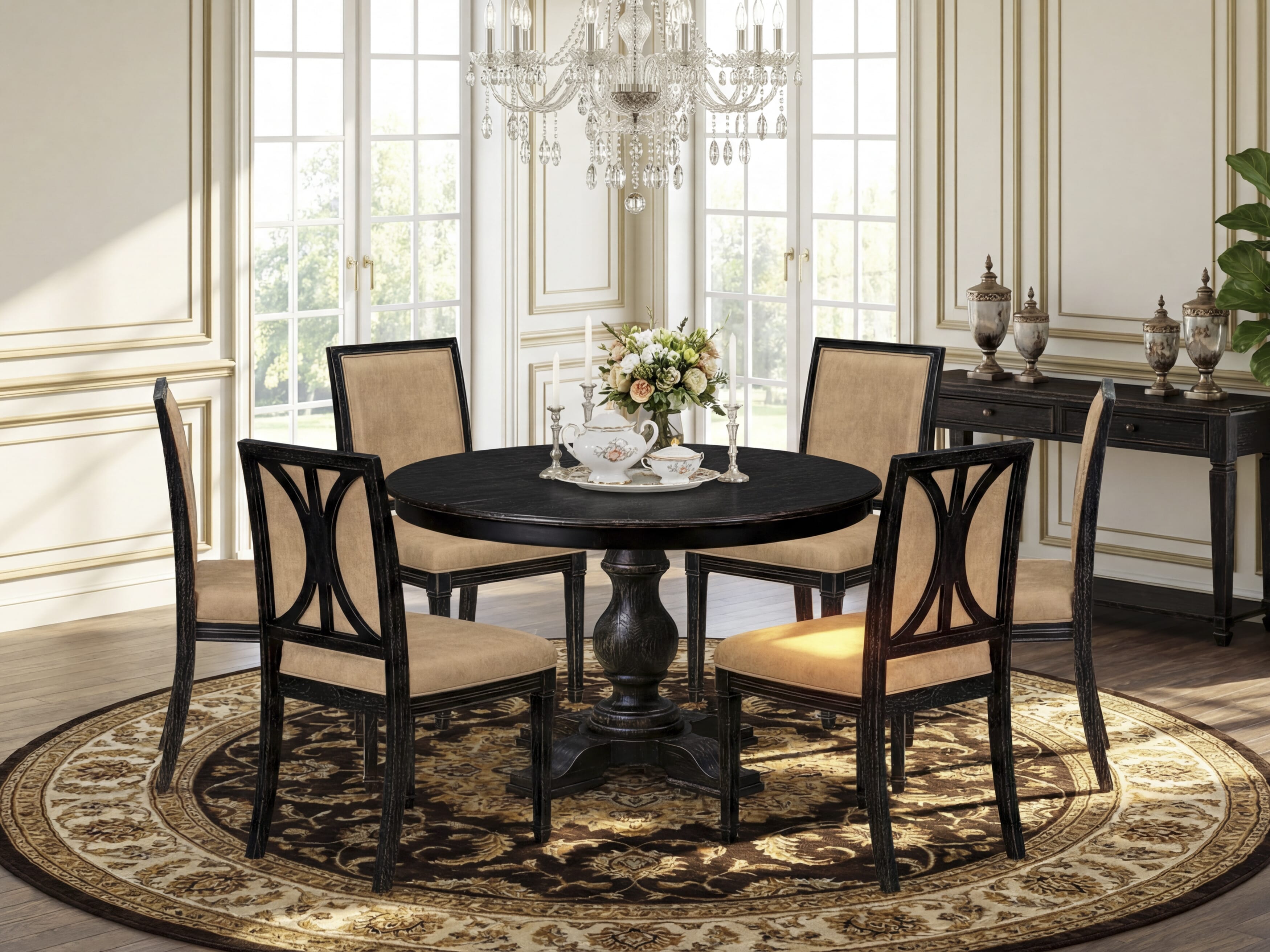 Luxe by East West Furniture - F5AM7-411-28 - 7-piece Dining Room Table Set consists of a Dining Table and 6 Beige Polyester Fabric Dining Chairs with High Back - Sand Blasting Black Finish