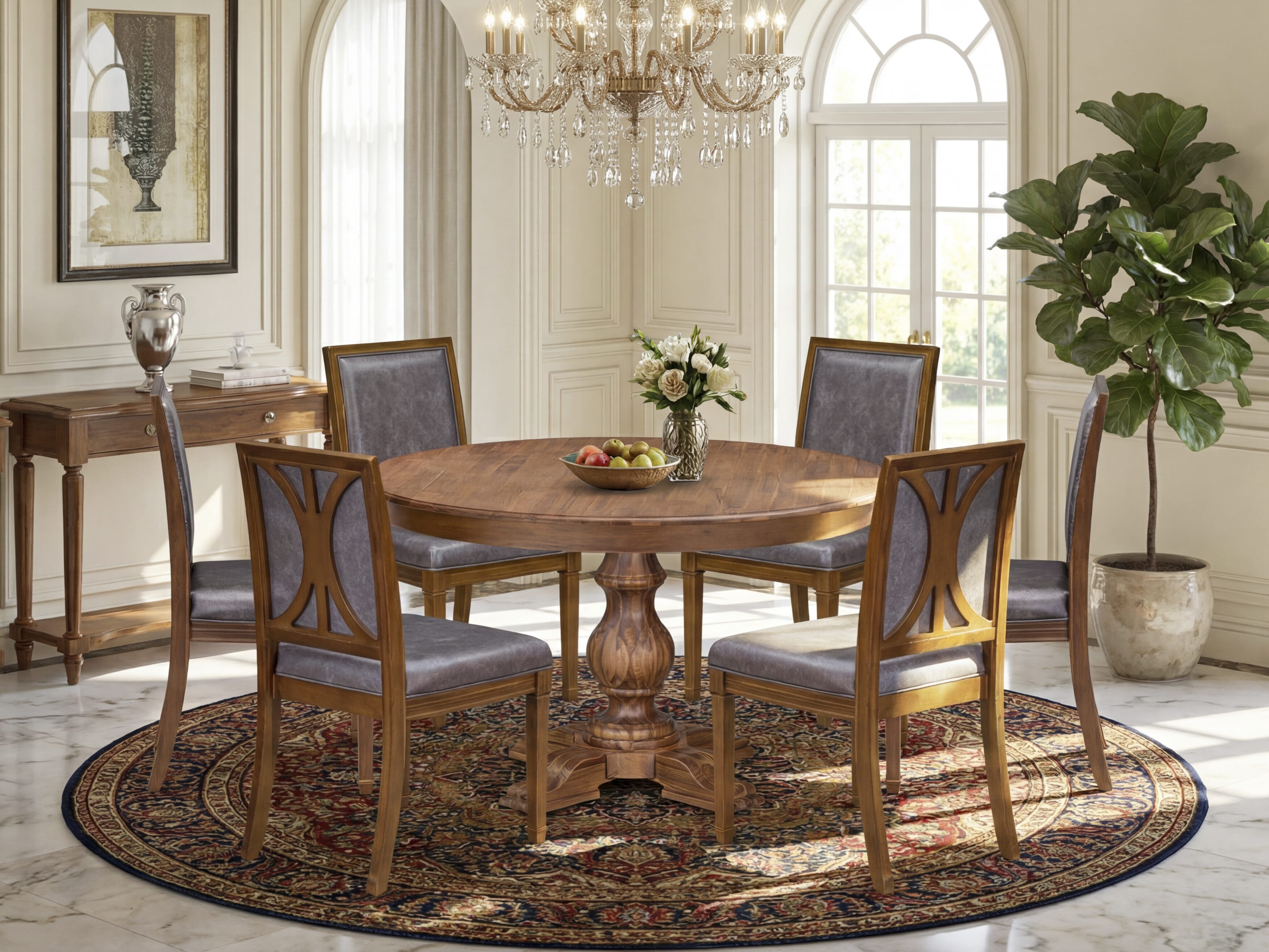 Luxe by East West Furniture - F5AM7-50N-34 - 7-piece Kitchen Table Set consists of a Dining Table and 6 Dark Grey Polyester Fabric Kitchen Chairs with High Back - Antique Walnut Finish