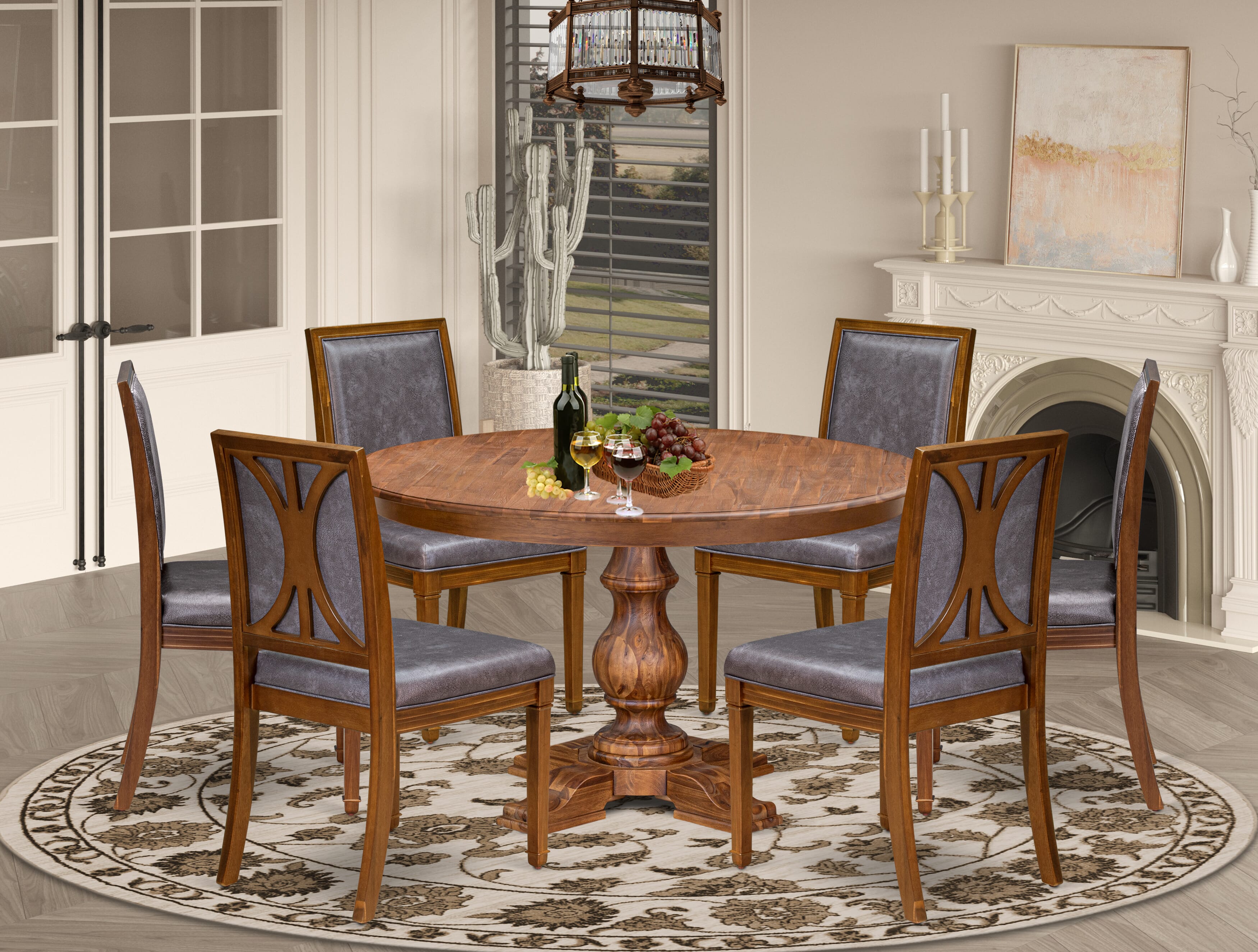 Luxe by East West Furniture - F5AM7-50N-34 - 7-piece Kitchen Table Set consists of a Dining Table and 6 Dark Grey Polyester Fabric Kitchen Chairs with High Back - Antique Walnut Finish