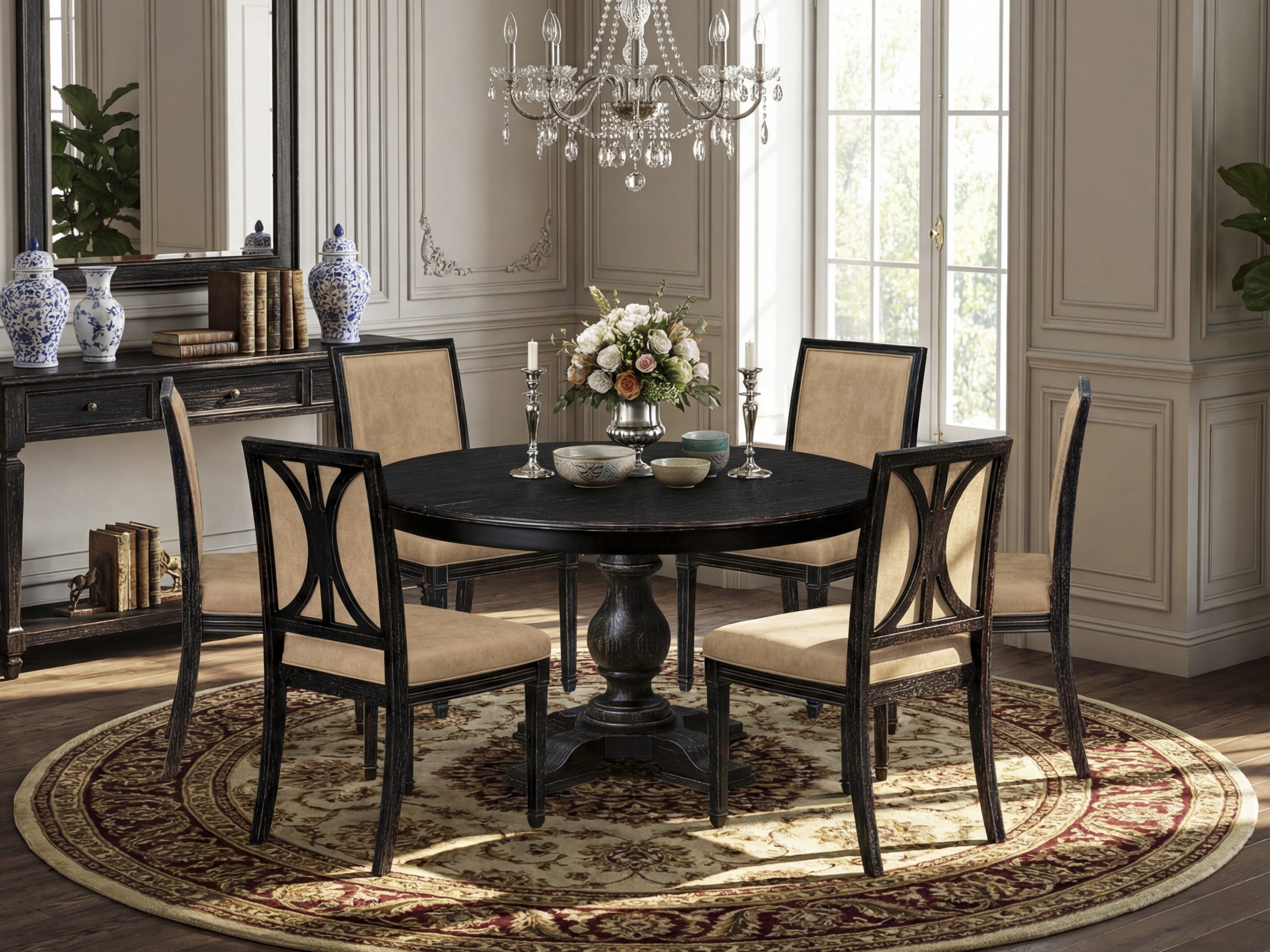 Luxe by East West Furniture - F5AM7-511-28 - 7-piece Dining Table Set consists of a Dining Table and 6 Beige Polyester Fabric Dining Room Chairs with High Back - Sand Blasting Black Finish