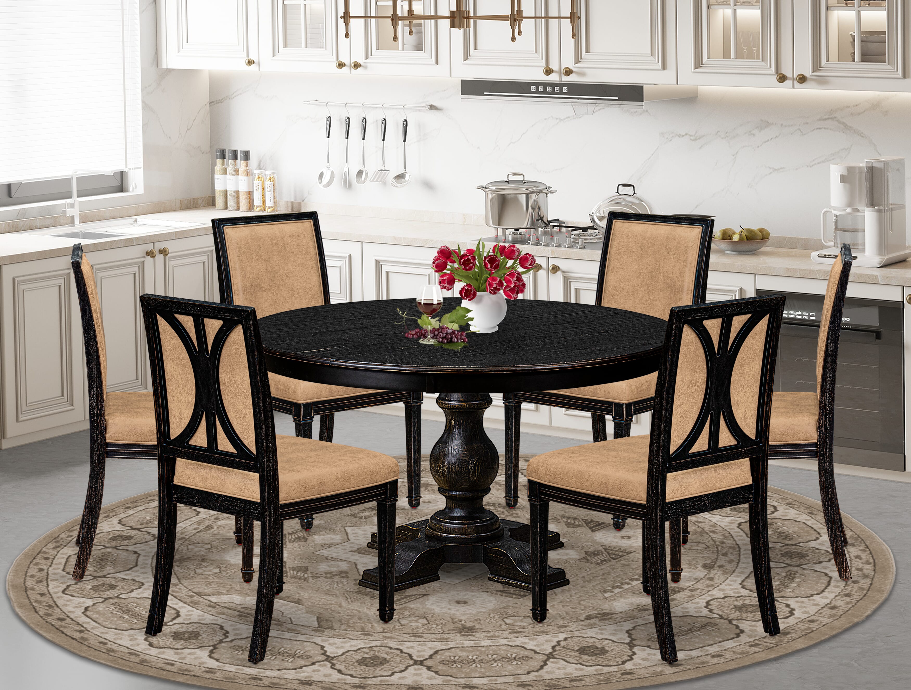 Luxe by East West Furniture - F5AM7-511-28 - 7-piece Dining Table Set consists of a Dining Table and 6 Beige Polyester Fabric Dining Room Chairs with High Back - Sand Blasting Black Finish