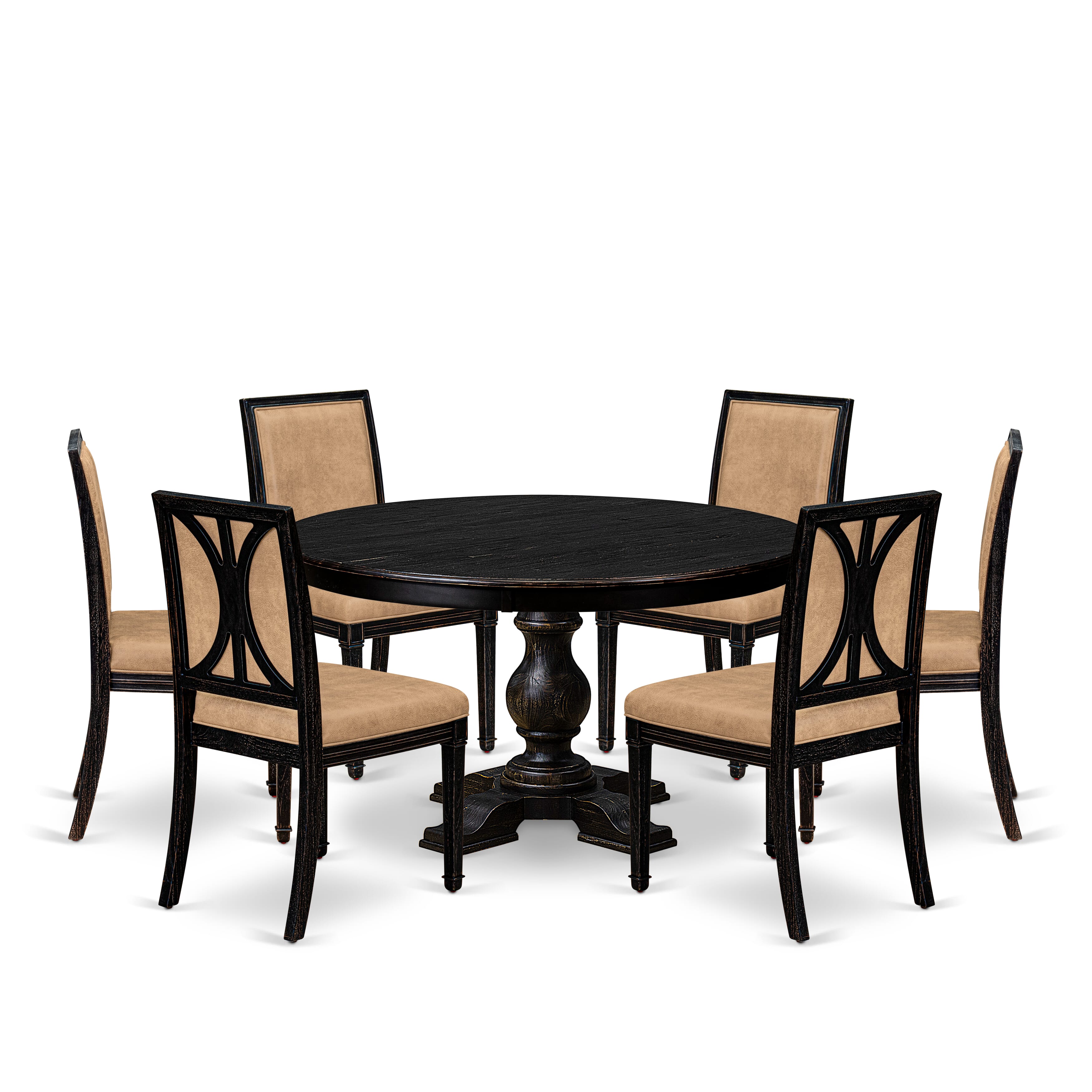 Luxe by East West Furniture - F5AM7-511-28 - 7-piece Dining Table Set consists of a Dining Table and 6 Beige Polyester Fabric Dining Room Chairs with High Back - Sand Blasting Black Finish