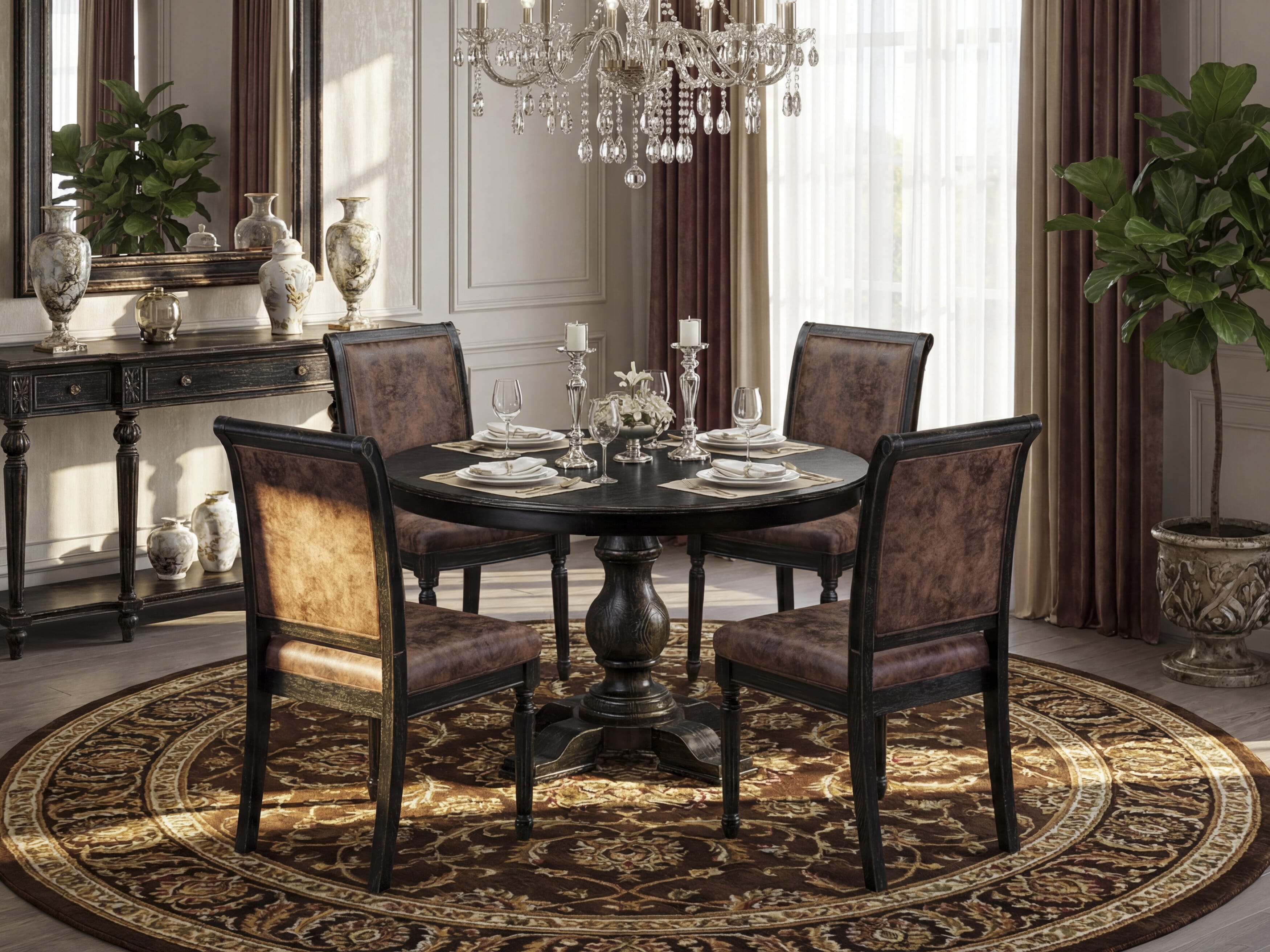Luxe by East West Furniture - F5CY5-411-33 - 5-piece Dining Table Set consists of a Dining Table and 4 Brown Polyester Fabric Dining Chairs with High Back - Sand Blasting Black Finish
