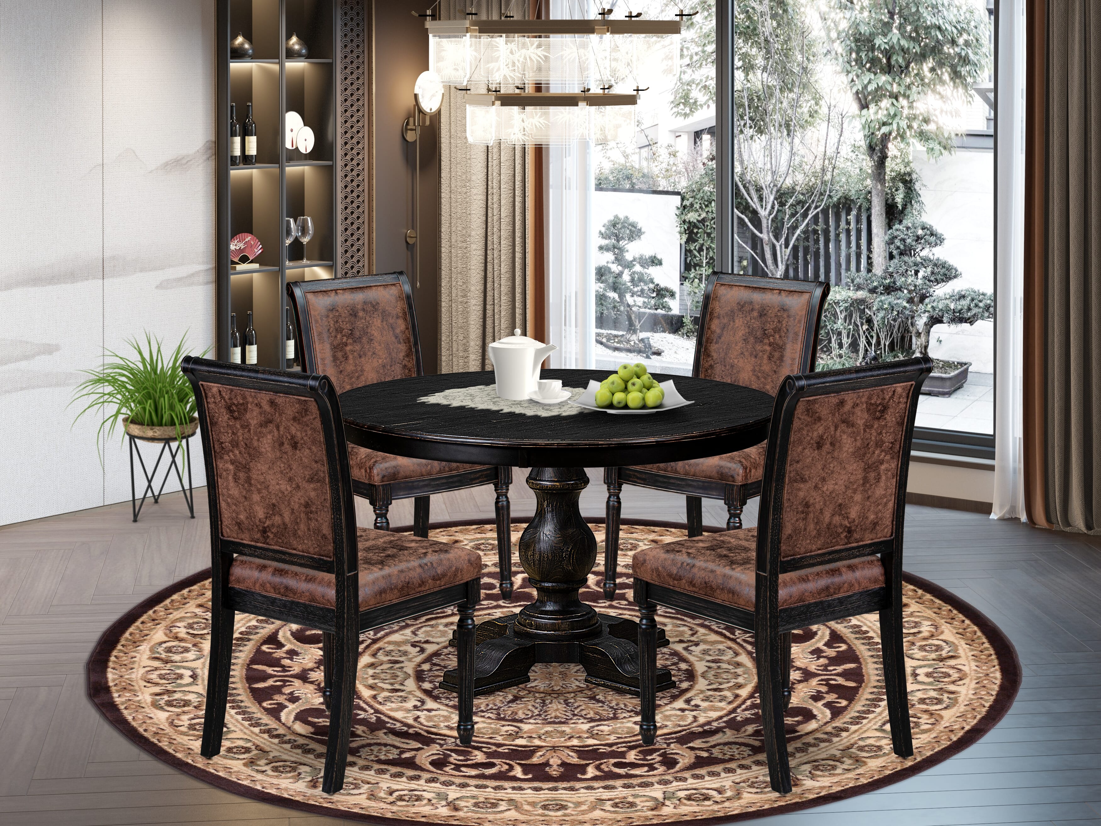 Luxe by East West Furniture - F5CY5-411-33 - 5-piece Dining Table Set consists of a Dining Table and 4 Brown Polyester Fabric Dining Chairs with High Back - Sand Blasting Black Finish