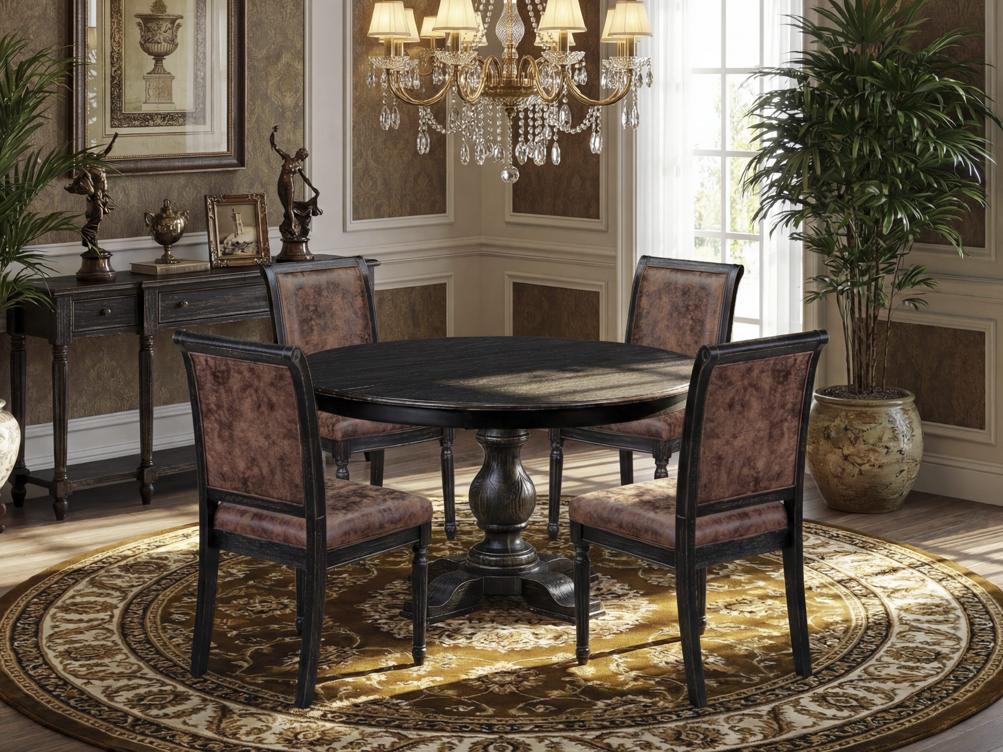 Luxe by East West Furniture - F5CY5-511-33 - 5-piece Kitchen Table Set consists of a Dining Table and 4 Brown Polyester Fabric Dining Room Chairs with High Back - Sand Blasting Black Finish