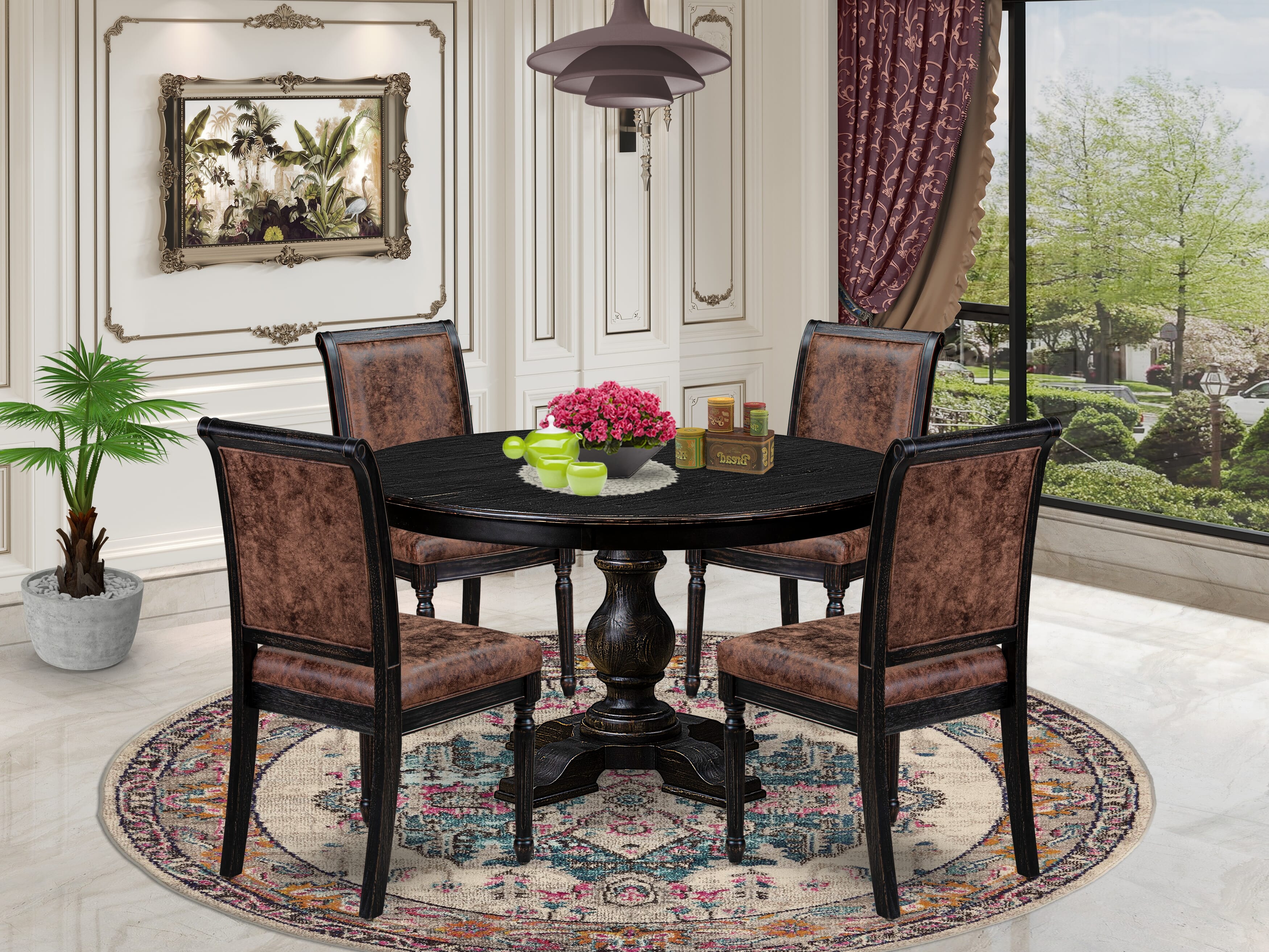 Luxe by East West Furniture - F5CY5-511-33 - 5-piece Kitchen Table Set consists of a Dining Table and 4 Brown Polyester Fabric Dining Room Chairs with High Back - Sand Blasting Black Finish