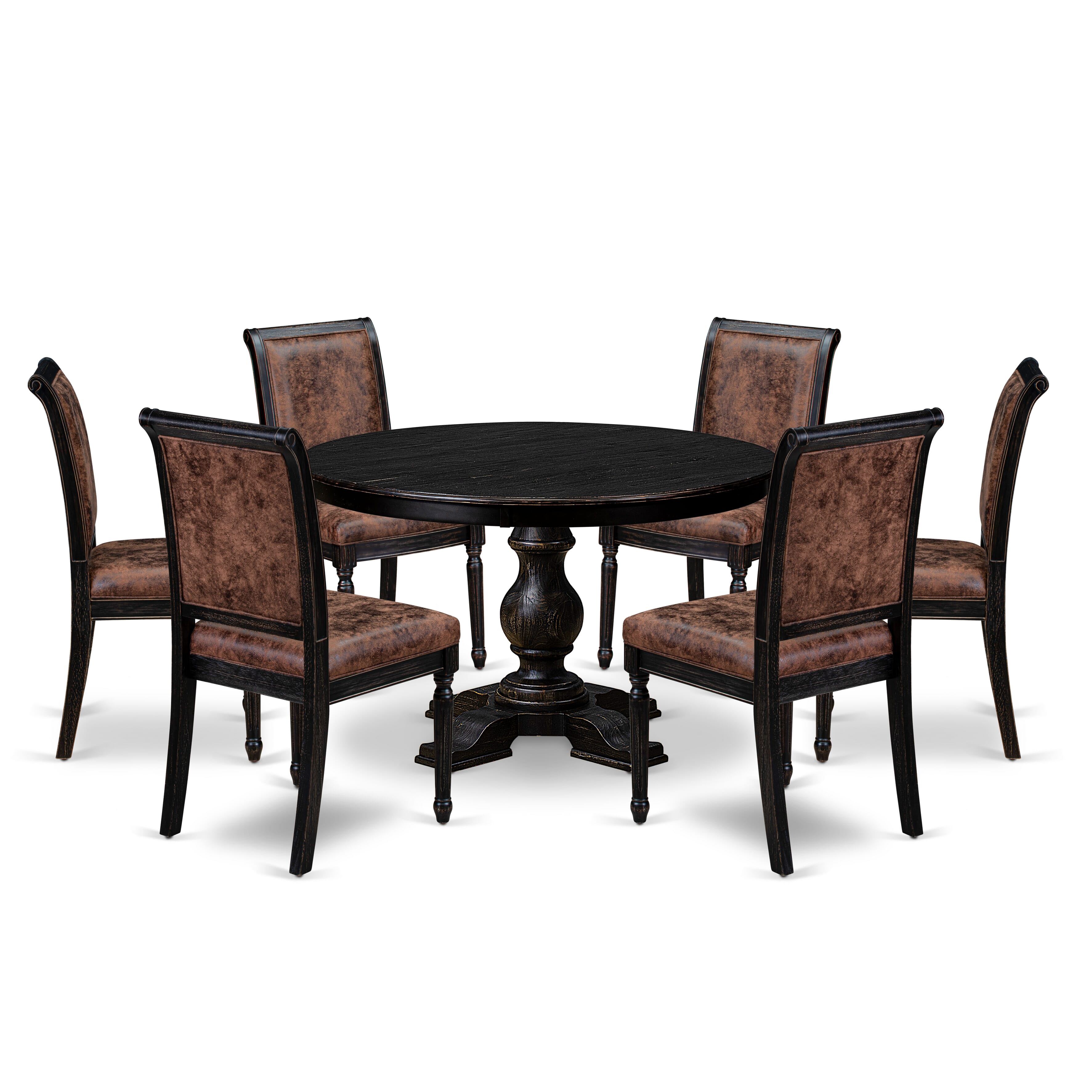 Luxe by East West Furniture - F5CY7-411-33 - 7-piece Dining Table Set consists of a Dining Table and 6 Brown Polyester Fabric Dining Chairs with High Back - Sand Blasting Black Finish