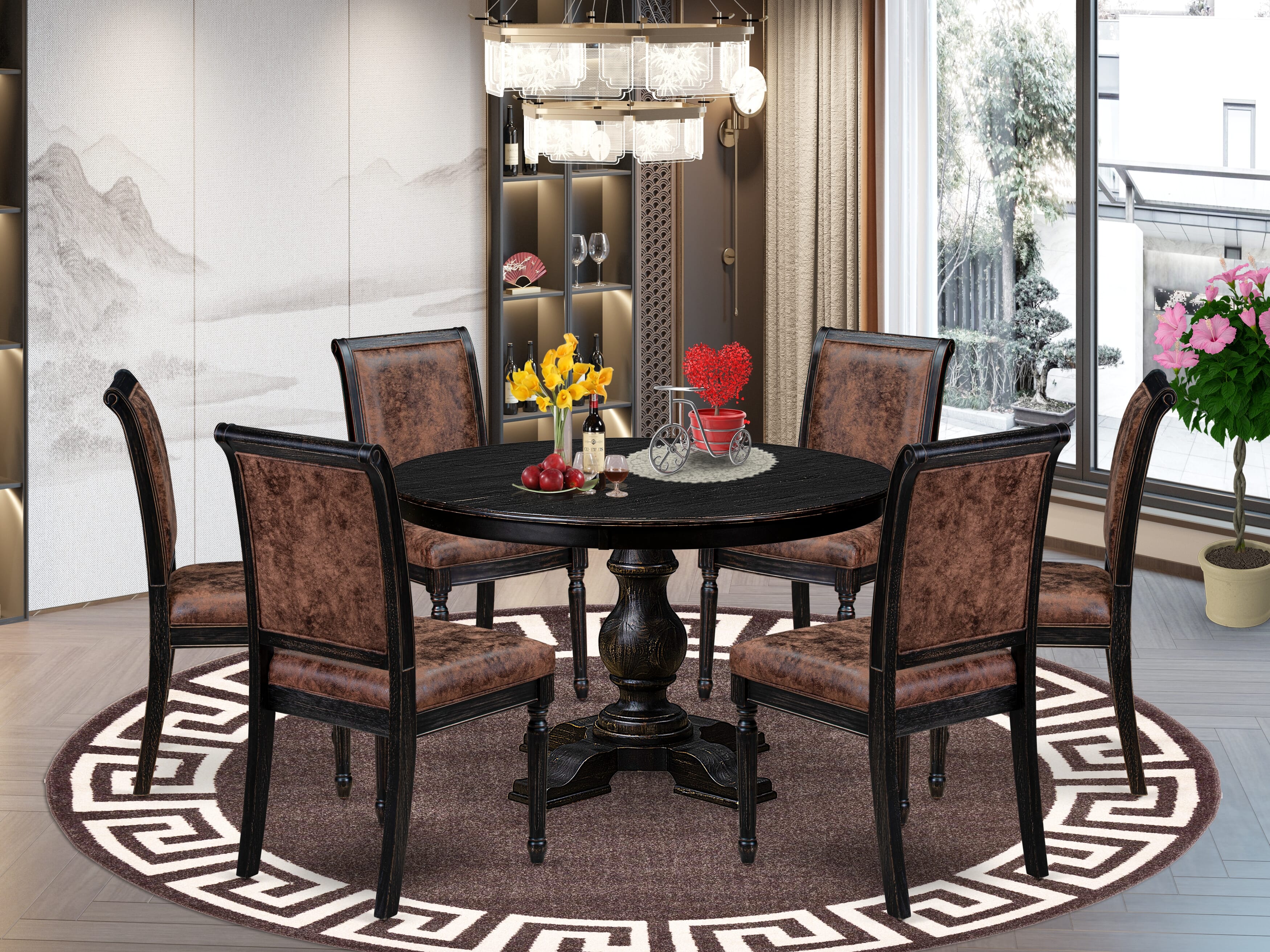 Luxe by East West Furniture - F5CY7-411-33 - 7-piece Dining Table Set consists of a Dining Table and 6 Brown Polyester Fabric Dining Chairs with High Back - Sand Blasting Black Finish