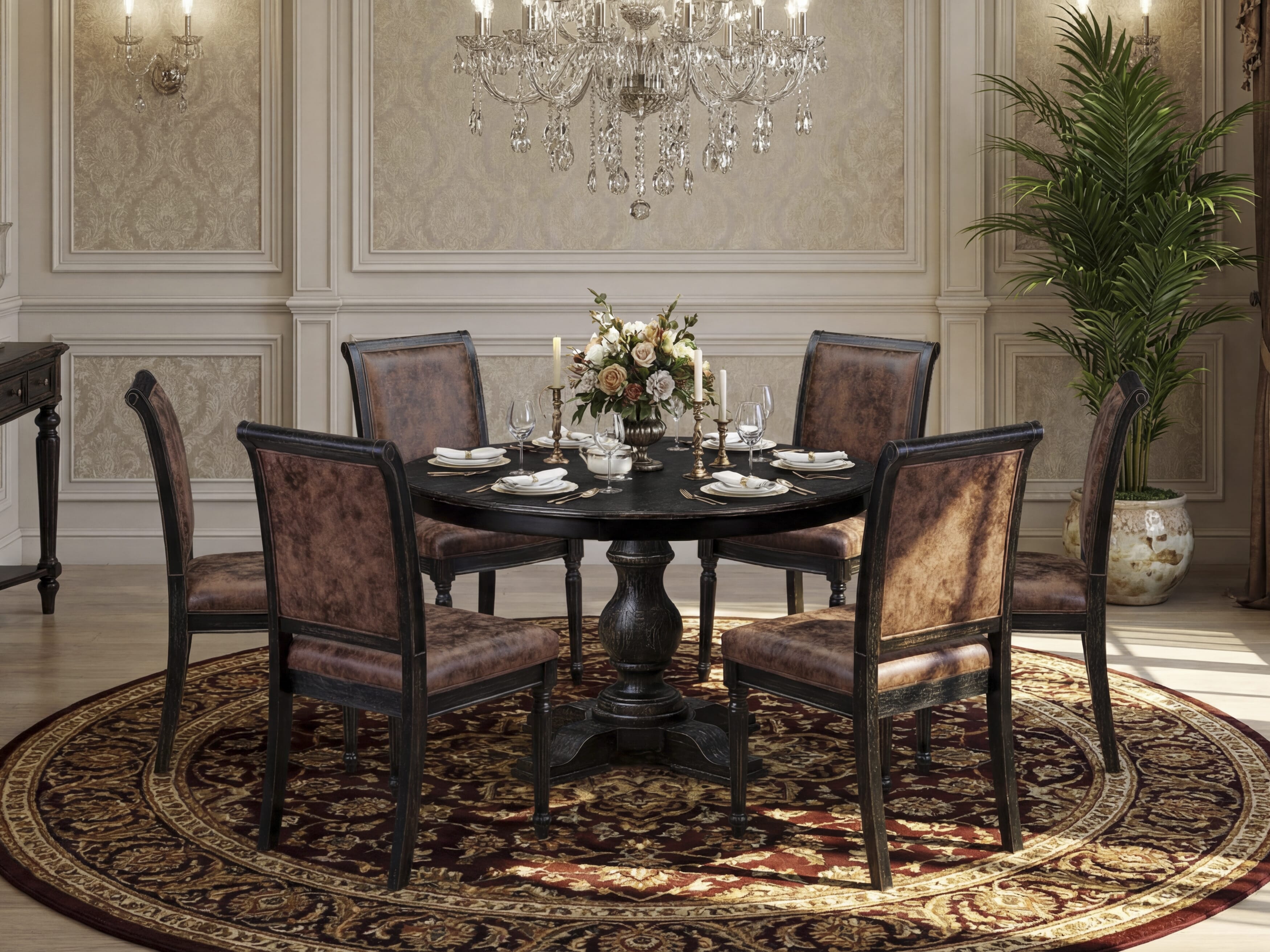 Luxe by East West Furniture - F5CY7-411-33 - 7-piece Dining Table Set consists of a Dining Table and 6 Brown Polyester Fabric Dining Chairs with High Back - Sand Blasting Black Finish