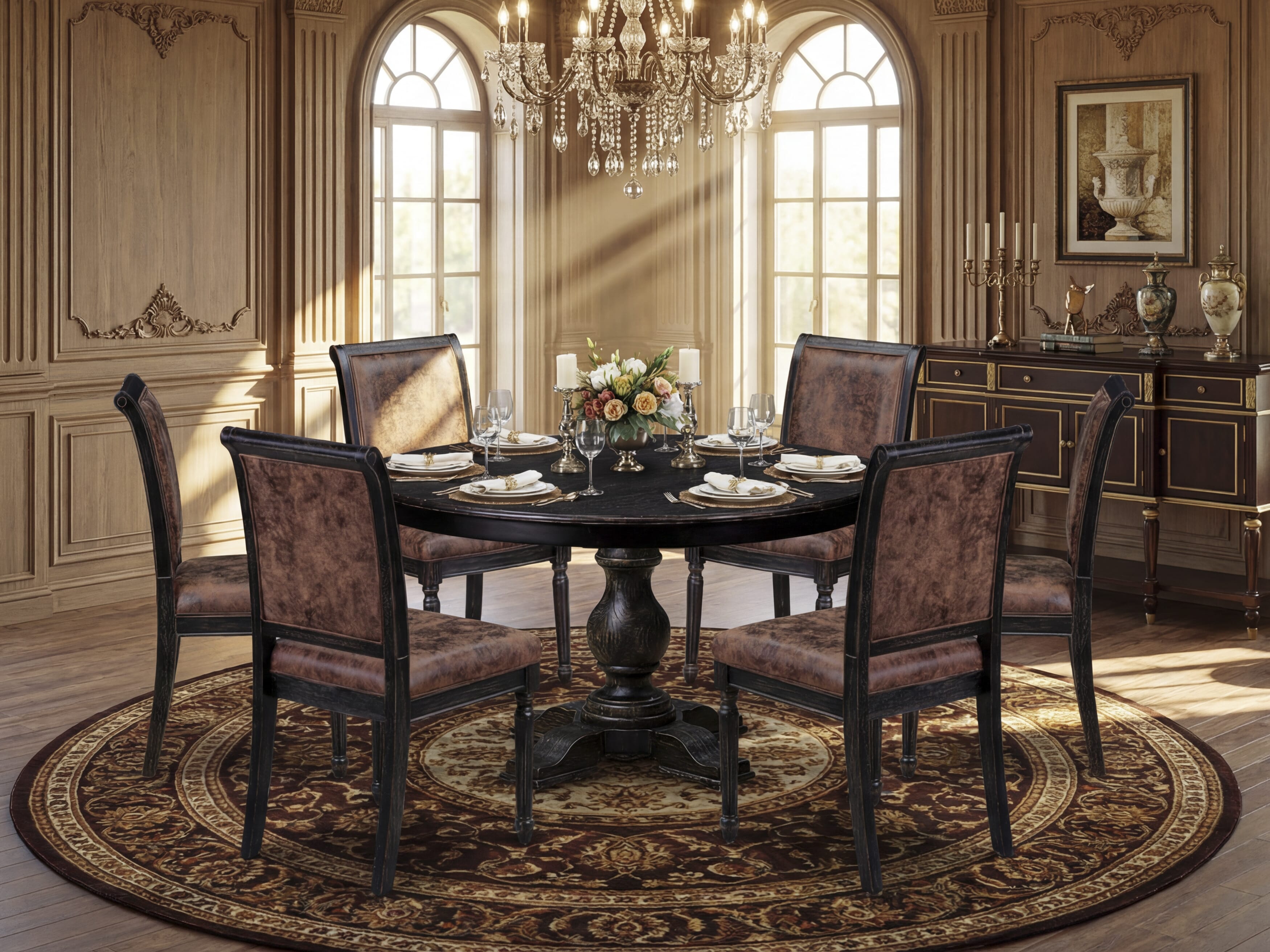 Luxe by East West Furniture - F5CY7-511-33 - 7-piece Kitchen Table Set consists of a Dining Table and 6 Brown Polyester Fabric Dining Room Chairs with High Back - Sand Blasting Black Finish