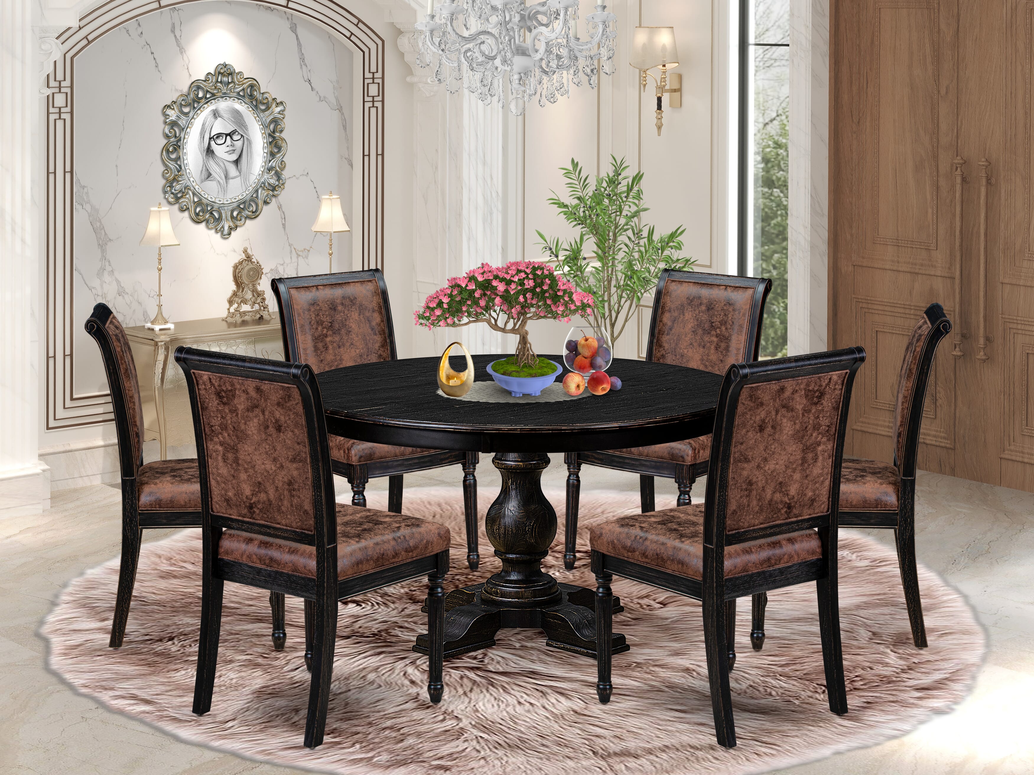 Luxe by East West Furniture - F5CY7-511-33 - 7-piece Kitchen Table Set consists of a Dining Table and 6 Brown Polyester Fabric Dining Room Chairs with High Back - Sand Blasting Black Finish
