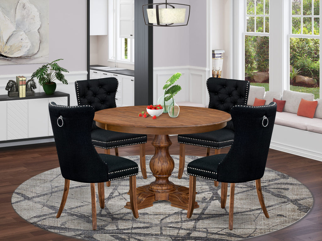 Luxe by East West Furniture F5DA5-40N-24 5-Piece Dining Room Set with Linen Fabric 4 Black Upholstered chairs, Button-Tufted Backs, and a 48"Round Table in Antique Walnut Finish.