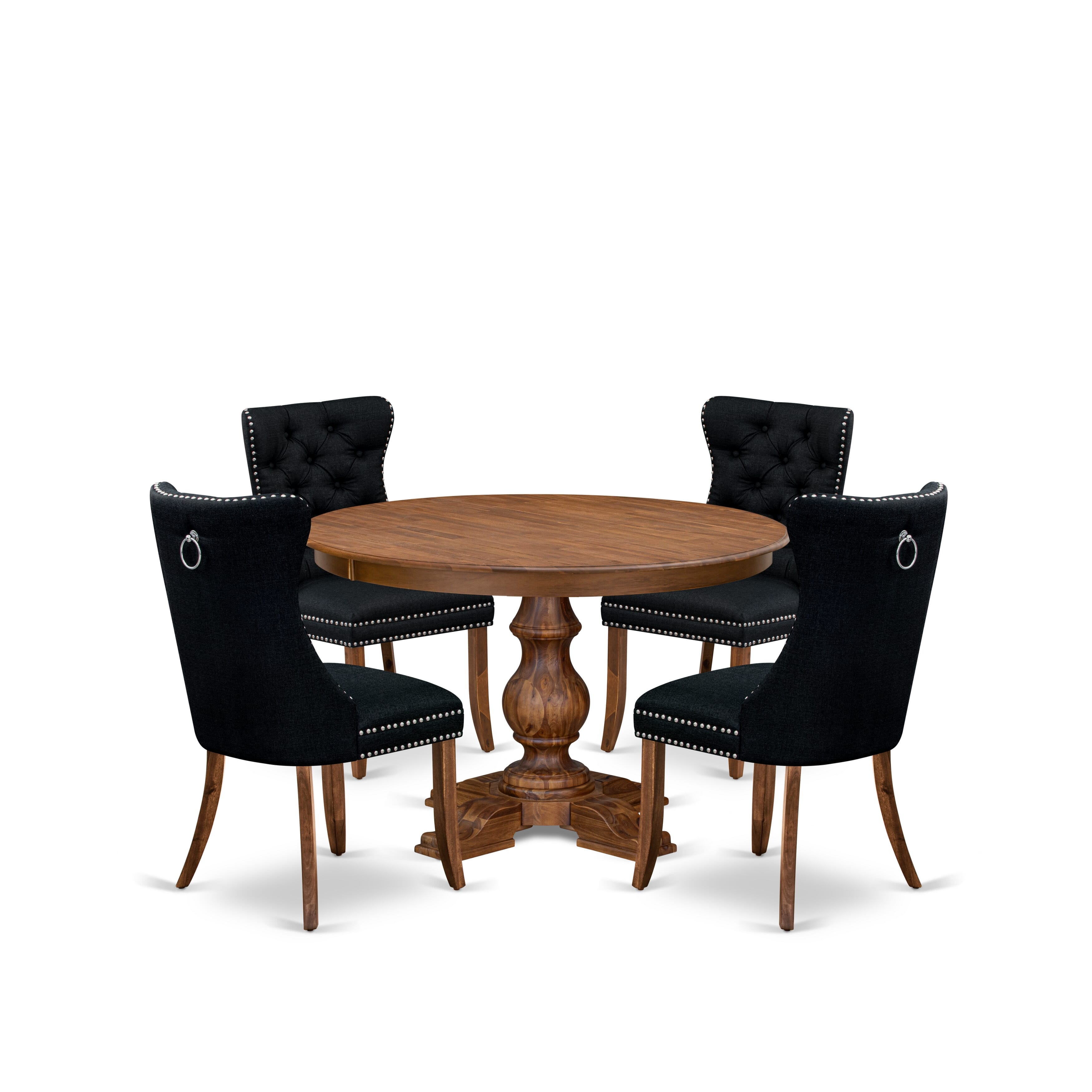 Luxe by East West Furniture F5DA5-40N-24 5-Piece Dining Room Set with Linen Fabric 4 Black Upholstered chairs, Button-Tufted Backs, and a 48"Round Table in Antique Walnut Finish.