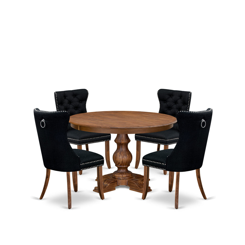 Luxe by East West Furniture F5DA5-40N-24 5-Piece Dining Room Set with Linen Fabric 4 Black Upholstered chairs, Button-Tufted Backs, and a 48"Round Table in Antique Walnut Finish.