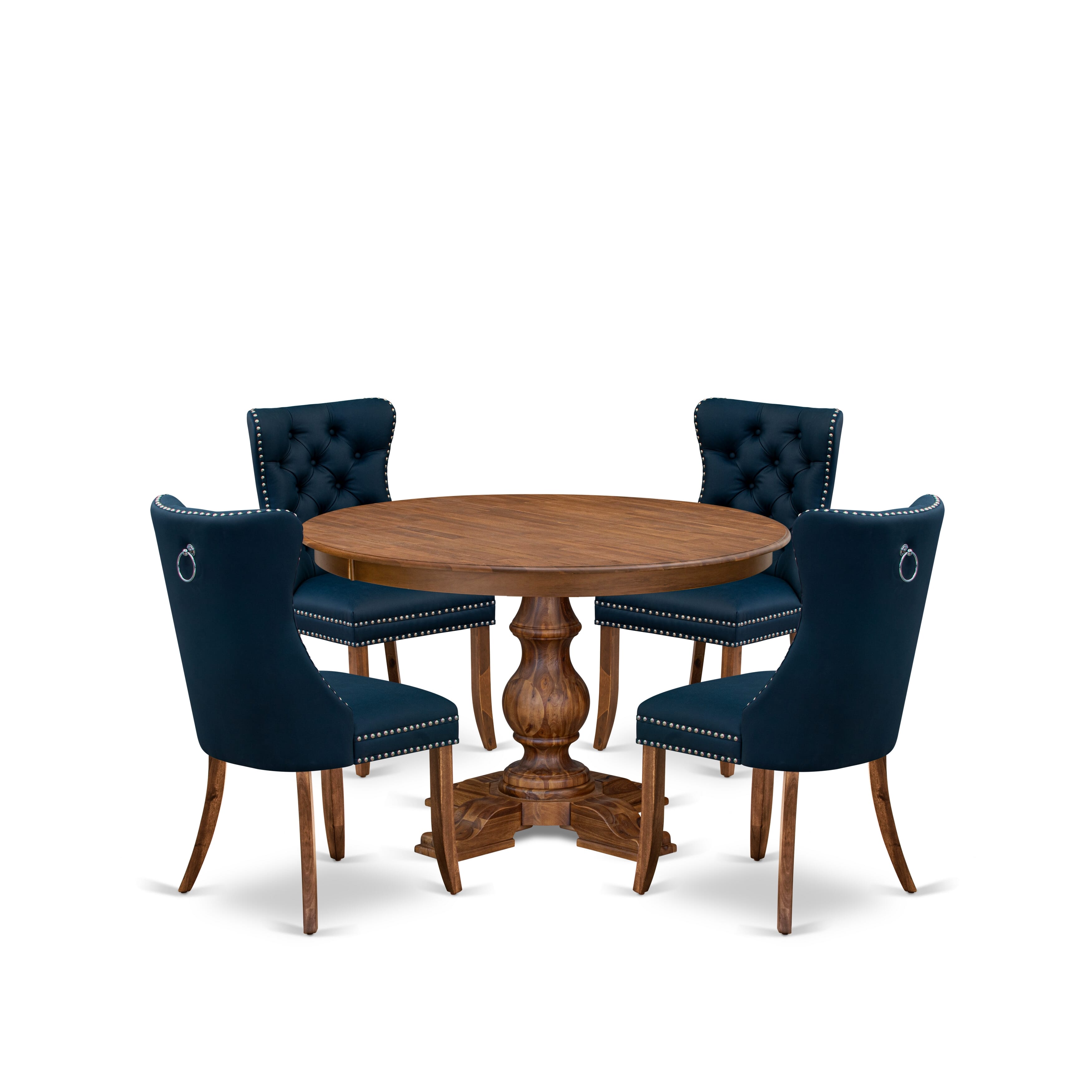 Luxe by East West Furniture F5DA5-40N-29 5-Piece Dining Table Set with Faux Leather 4 Navy Blue Chairs, Button-Tufted Backs, and a 48"Round Table in Antique Walnut Finish.