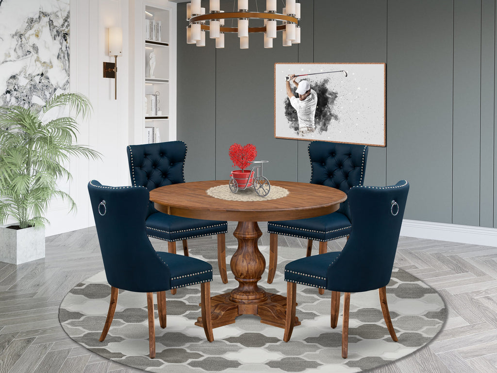 Luxe by East West Furniture F5DA5-40N-29 5-Piece Dining Table Set with Faux Leather 4 Navy Blue Chairs, Button-Tufted Backs, and a 48"Round Table in Antique Walnut Finish.