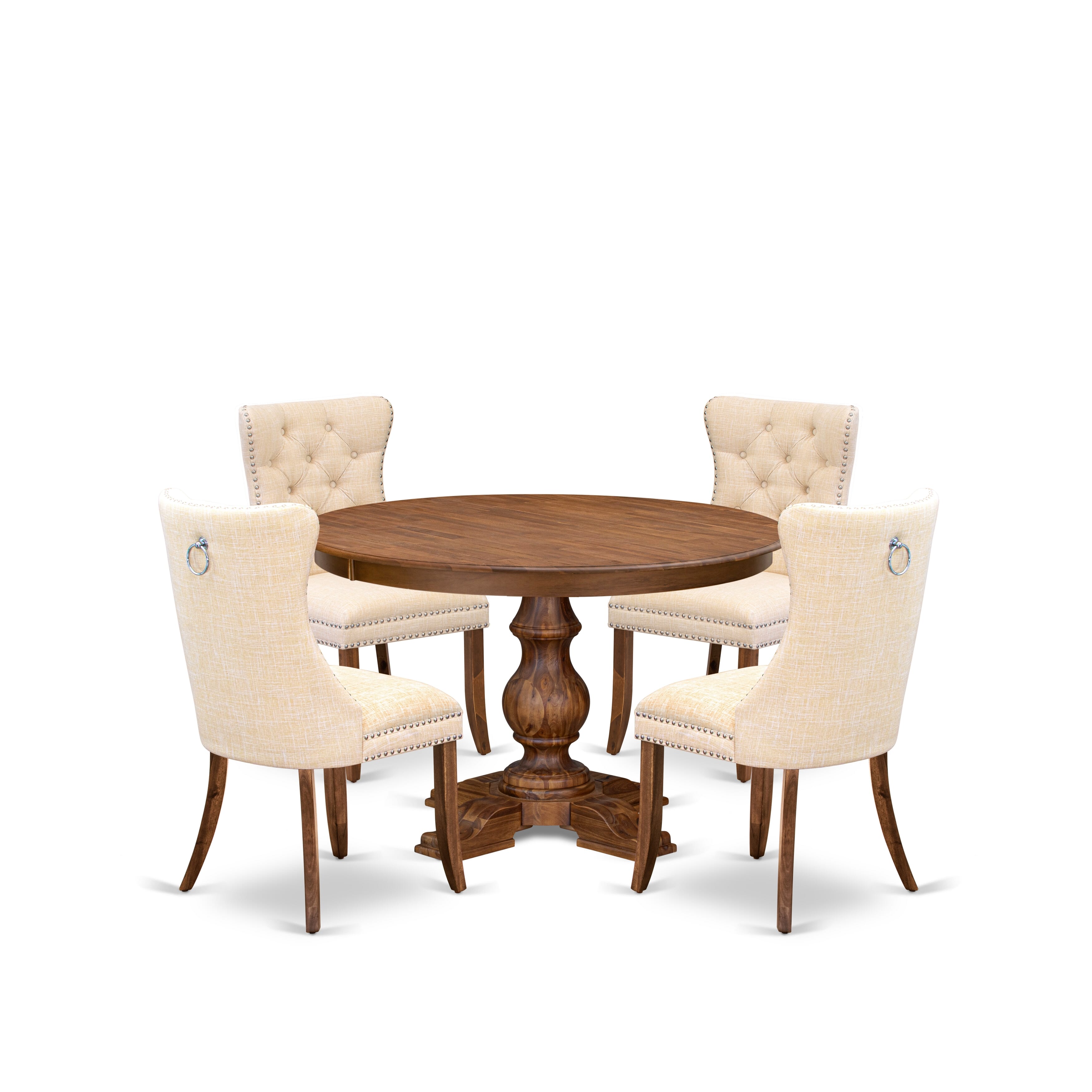 Luxe by East West Furniture F5DA5-40N-32 5-Piece Kitchen Table Set with Linen Fabric 4 Light Beige parson dining chairs, Button-Tufted Backs, and a 48"Round Kitchen Table in Antique Walnut Finish.