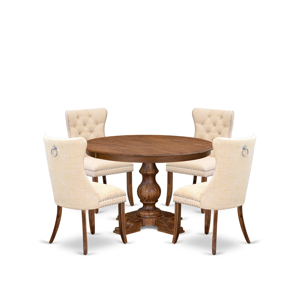 Luxe by East West Furniture F5DA5-40N-32 5-Piece Kitchen Table Set with Linen Fabric 4 Light Beige parson dining chairs, Button-Tufted Backs, and a 48"Round Kitchen Table in Antique Walnut Finish.
