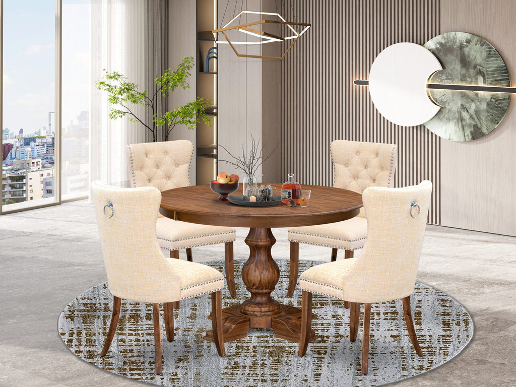 Luxe by East West Furniture F5DA5-40N-32 5-Piece Kitchen Table Set with Linen Fabric 4 Light Beige parson dining chairs, Button-Tufted Backs, and a 48"Round Kitchen Table in Antique Walnut Finish.