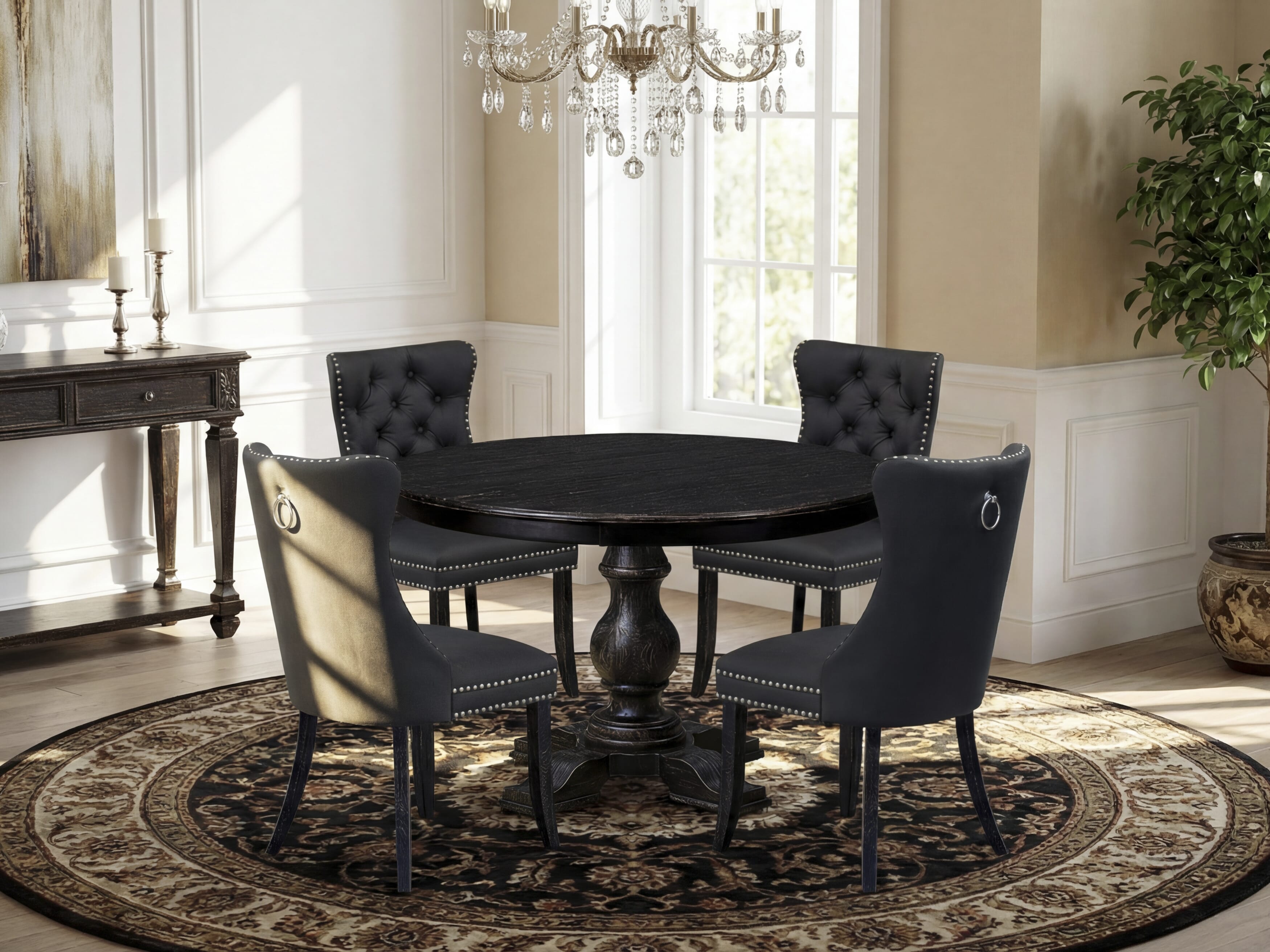 Luxe by East West Furniture F5DA5-411-12 5-Piece Modern Dining Table Set with Faux Leather 4 Dark Gray kitchen chairs, Button-Tufted Backs, and a 48"Round Table in Sand Blasted Black Finish.