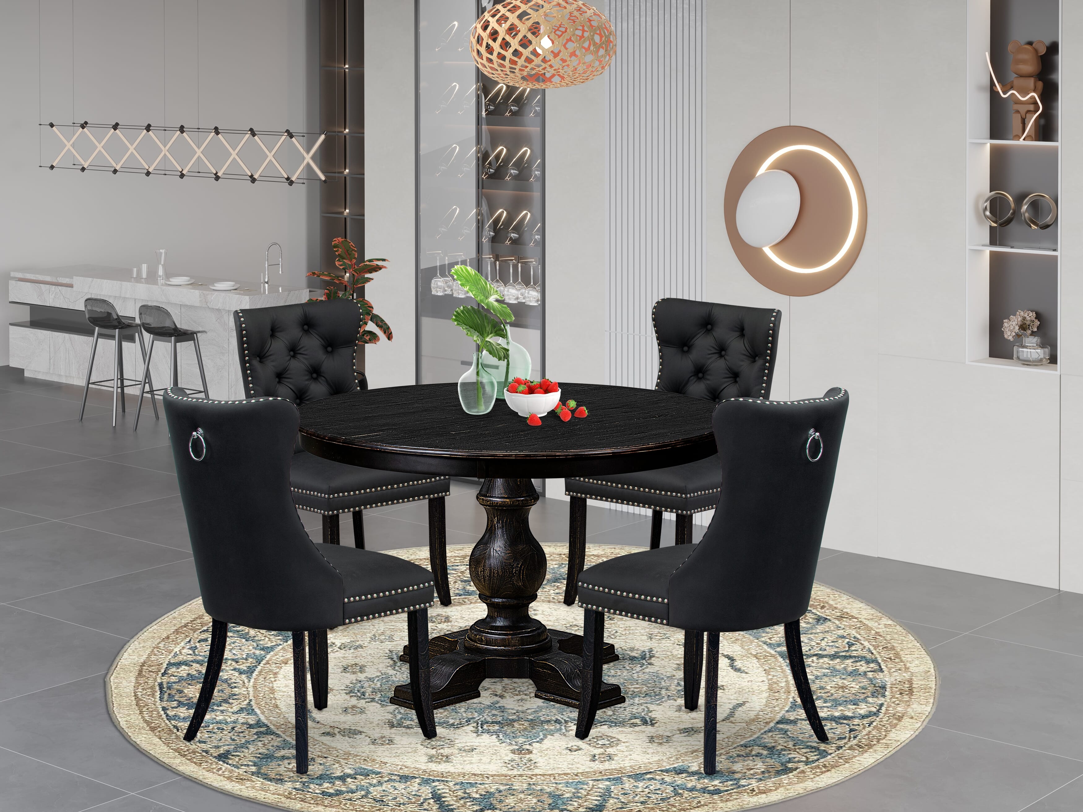 Luxe by East West Furniture F5DA5-411-12 5-Piece Modern Dining Table Set with Faux Leather 4 Dark Gray kitchen chairs, Button-Tufted Backs, and a 48"Round Table in Sand Blasted Black Finish.