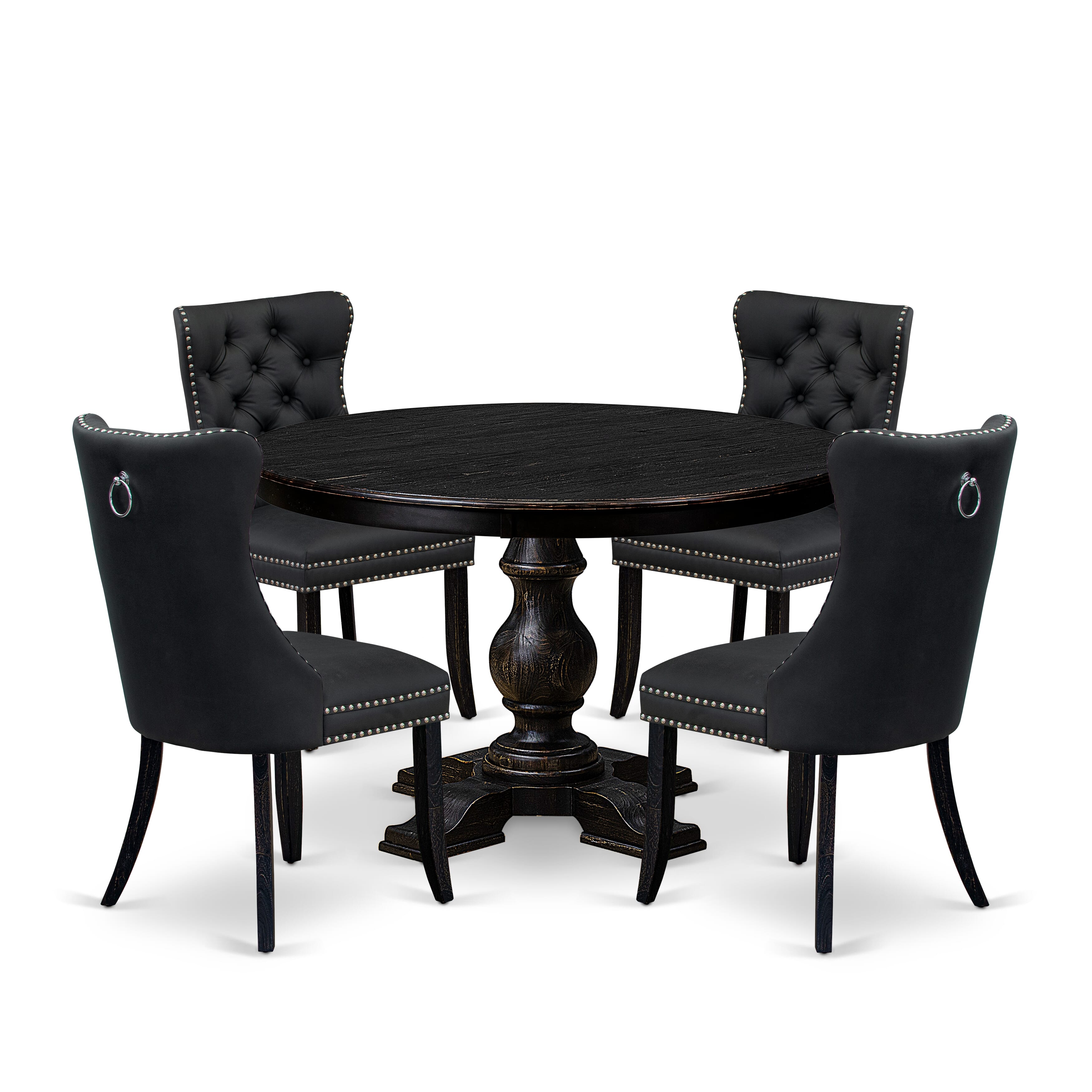 Luxe by East West Furniture F5DA5-411-12 5-Piece Modern Dining Table Set with Faux Leather 4 Dark Gray kitchen chairs, Button-Tufted Backs, and a 48"Round Table in Sand Blasted Black Finish.