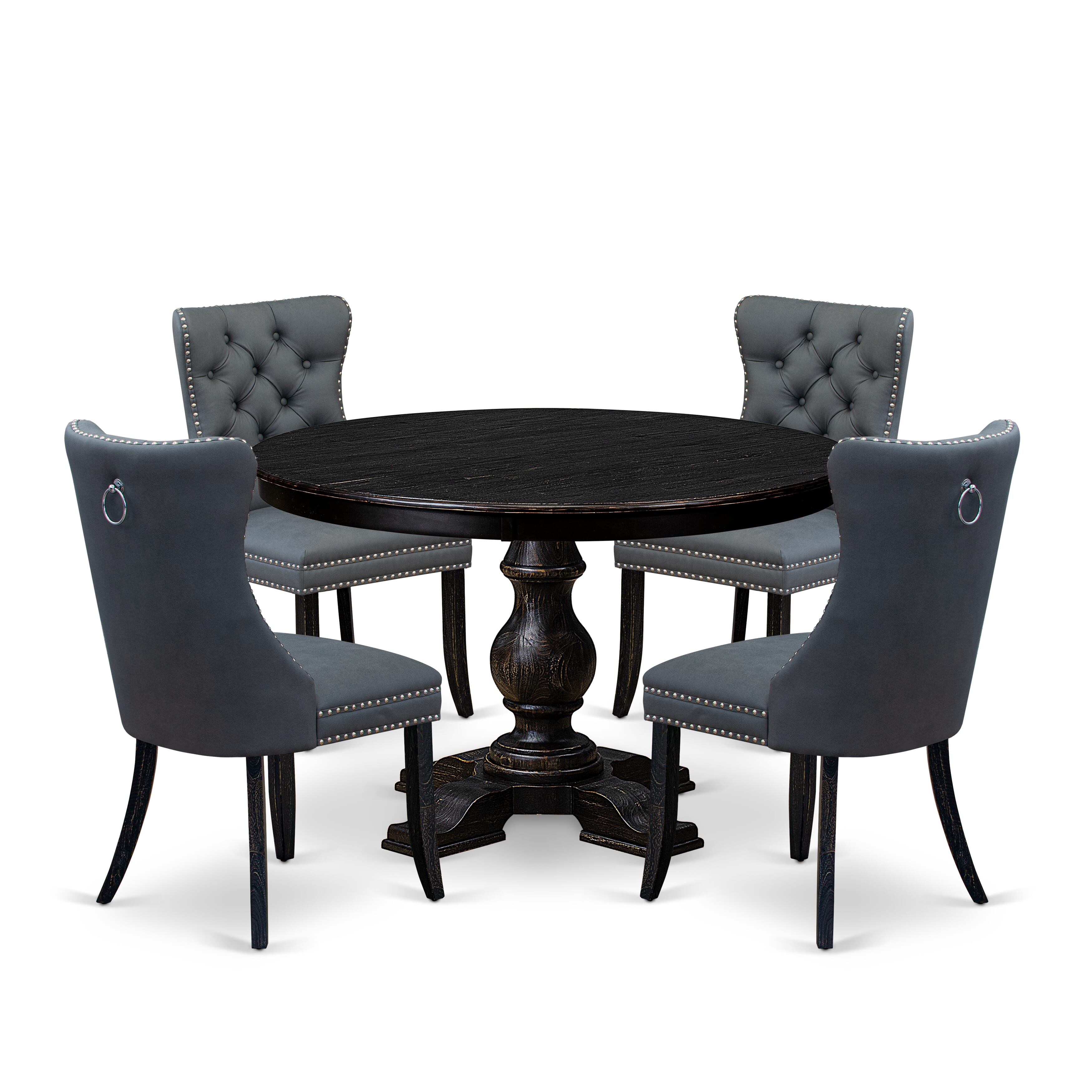 Luxe by East West Furniture F5DA5-411-13 5-piece Modern Dining Table Set with Faux Leather 4 Platinum Gray kitchen chairs, Button-Tufted Backs, and a 48"Round Table in Sand Blasted Black Finish.