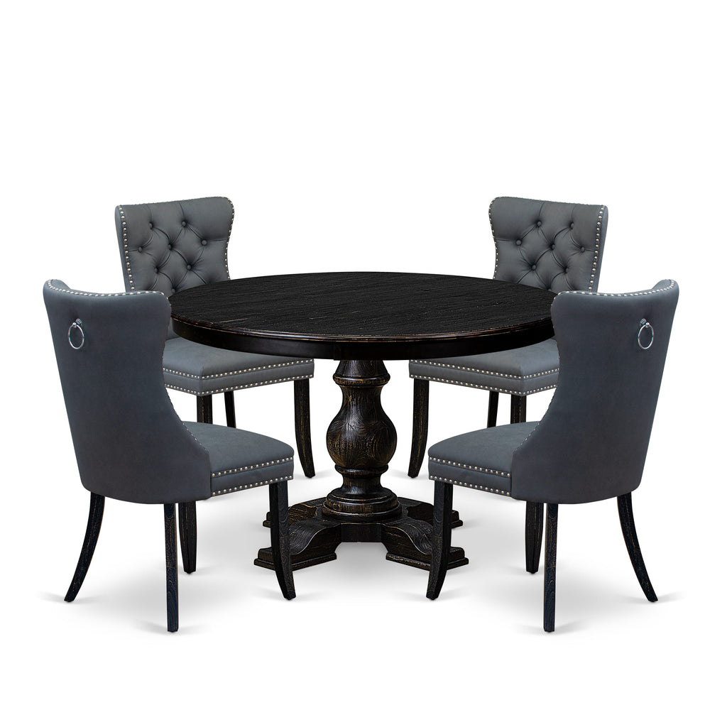 Luxe by East West Furniture F5DA5-411-13 5-piece Modern Dining Table Set with Faux Leather 4 Platinum Gray kitchen chairs, Button-Tufted Backs, and a 48"Round Table in Sand Blasted Black Finish.