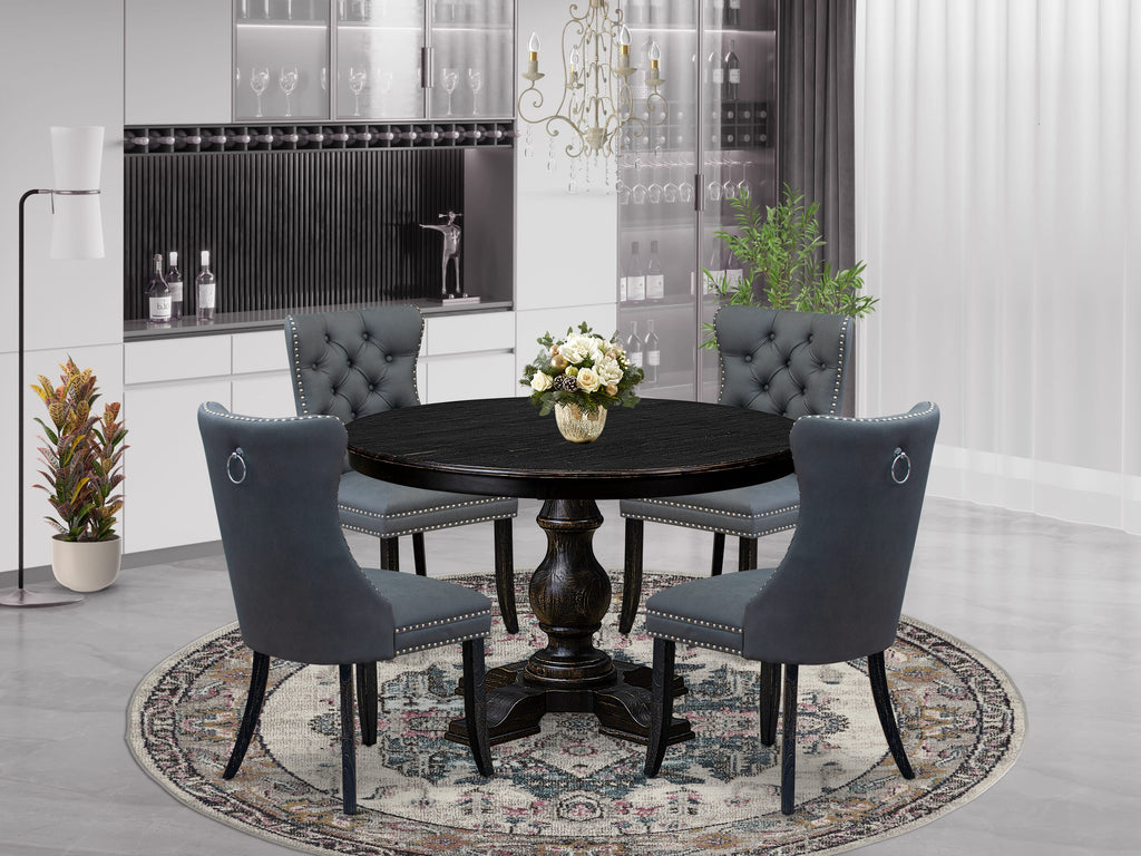 Luxe by East West Furniture F5DA5-411-13 5-piece Modern Dining Table Set with Faux Leather 4 Platinum Gray kitchen chairs, Button-Tufted Backs, and a 48"Round Table in Sand Blasted Black Finish.