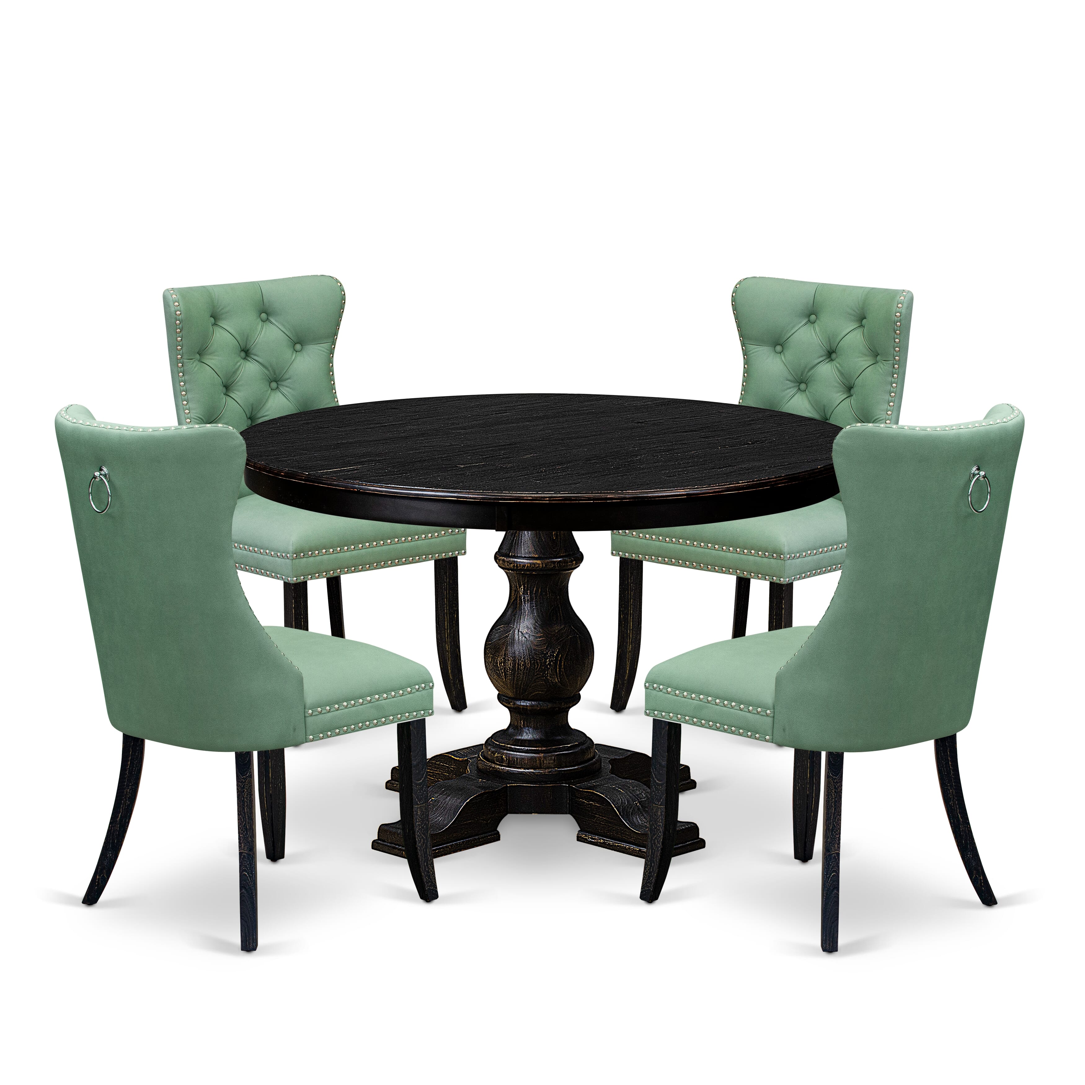Luxe by East West Furniture F5DA5-411-22 5 Piece Dining Set Consists of a 48" Round Table with Pedestal and 4 Willow Green Faux Leather Upholstered Chairs, Sand Blasted Black