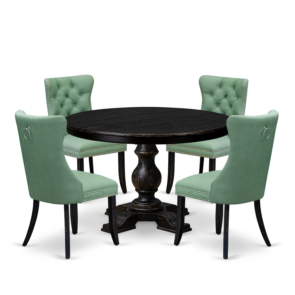Luxe by East West Furniture F5DA5-411-22 5 Piece Dining Set Consists of a 48" Round Table with Pedestal and 4 Willow Green Faux Leather Upholstered Chairs, Sand Blasted Black