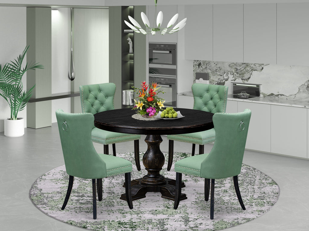 Luxe by East West Furniture F5DA5-411-22 5 Piece Dining Set Consists of a 48" Round Table with Pedestal and 4 Willow Green Faux Leather Upholstered Chairs, Sand Blasted Black