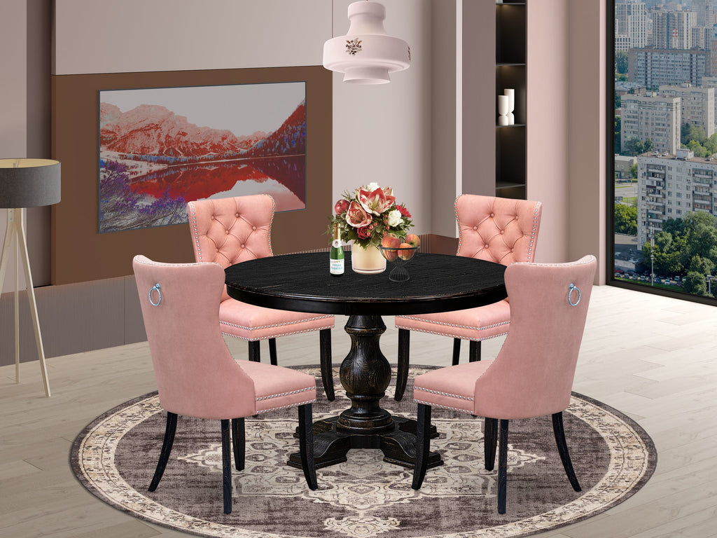 Luxe by East West Furniture F5DA5-411-23 5 Piece Dining Set for 4 Contains a 48" Round Table with Pedestal and 4 Beige Red Faux Leather Upholstered Chairs, Sand Blasted Black