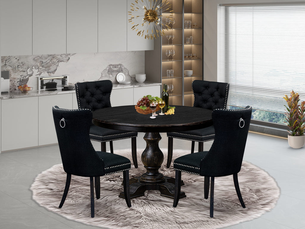 Luxe by East West Furniture F5DA5-411-24 5 Piece Dining Room Set Consists of a 48" Round Table with Pedestal and 4 Black Linen Fabric Upholstered Chairs, Sand Blasted Black