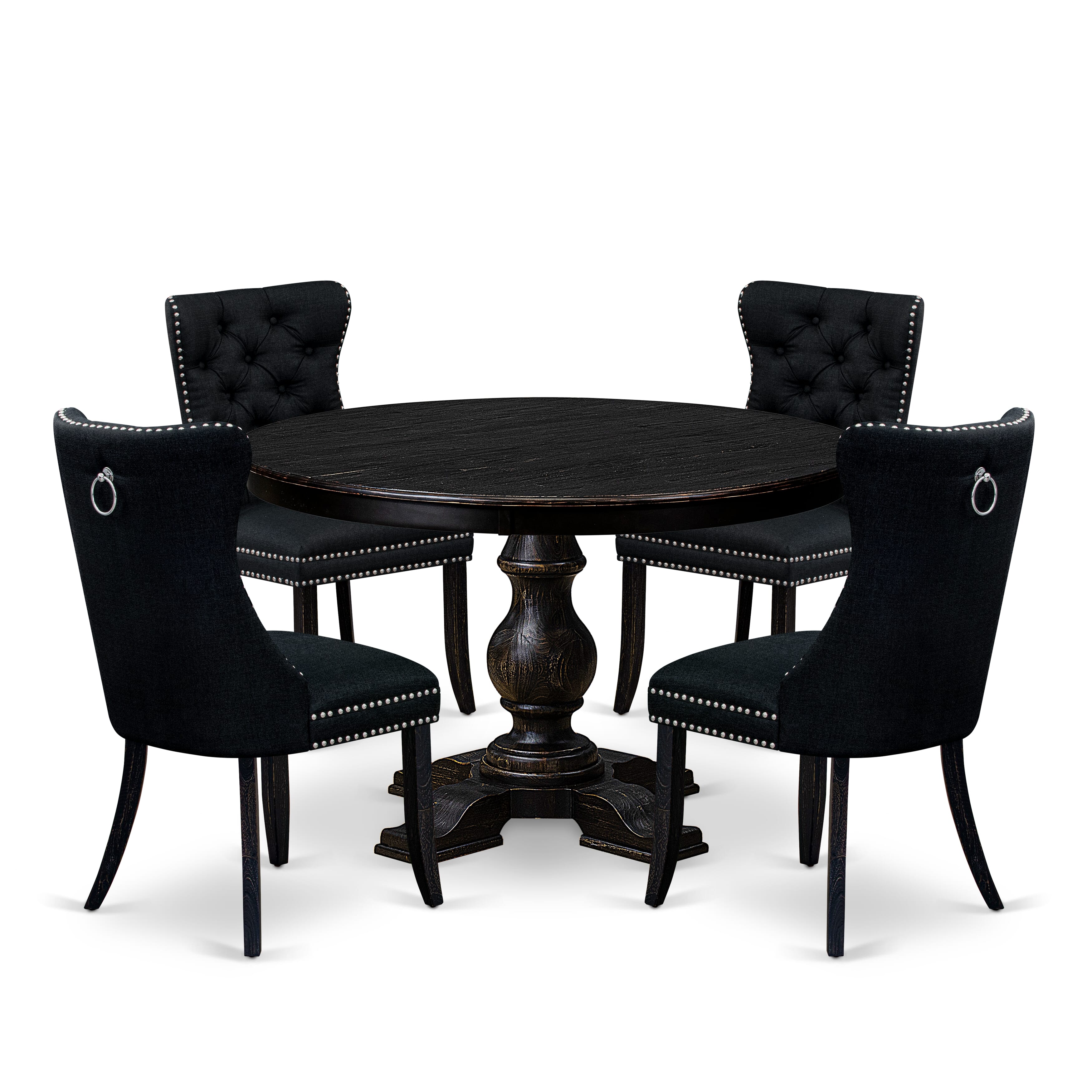 Luxe by East West Furniture F5DA5-411-24 5 Piece Dining Room Set Consists of a 48" Round Table with Pedestal and 4 Black Linen Fabric Upholstered Chairs, Sand Blasted Black