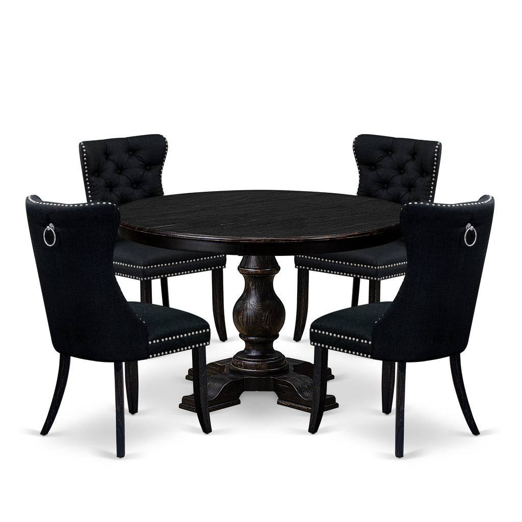 Luxe by East West Furniture F5DA5-411-24 5 Piece Dining Room Set Consists of a 48" Round Table with Pedestal and 4 Black Linen Fabric Upholstered Chairs, Sand Blasted Black