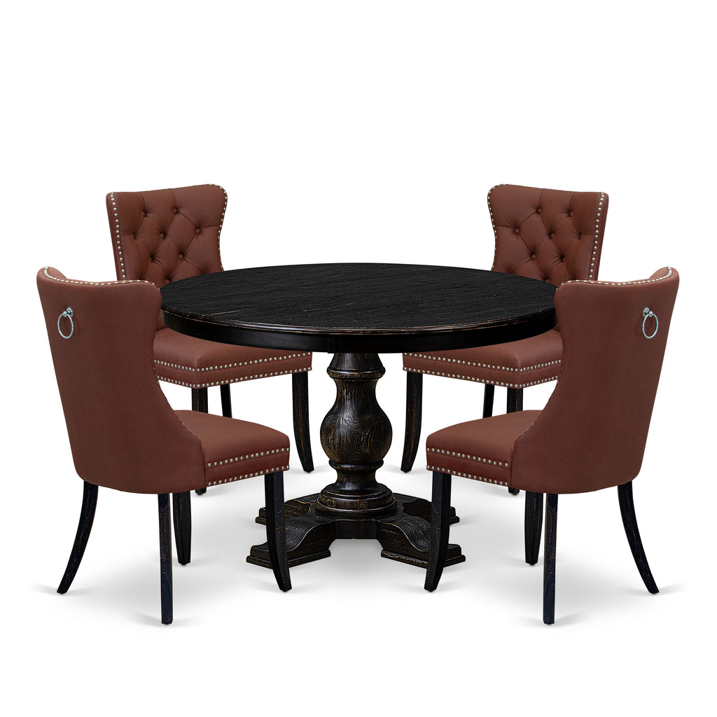 Luxe by East West Furniture F5DA5-411-26 5 Piece Dining Table Set Contains a 48" Round Table with Pedestal and 4 Burgandy Faux Leather Upholstered Chairs, Sand Blasted Black